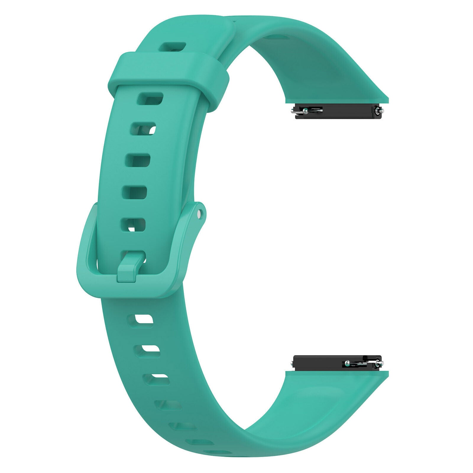 Ein türkisfarbenes Uhrenarmband mit Schnalle und Löchern, mit schwarzen Befestigungsteilen an jedem Ende, vor weißem Hintergrund.