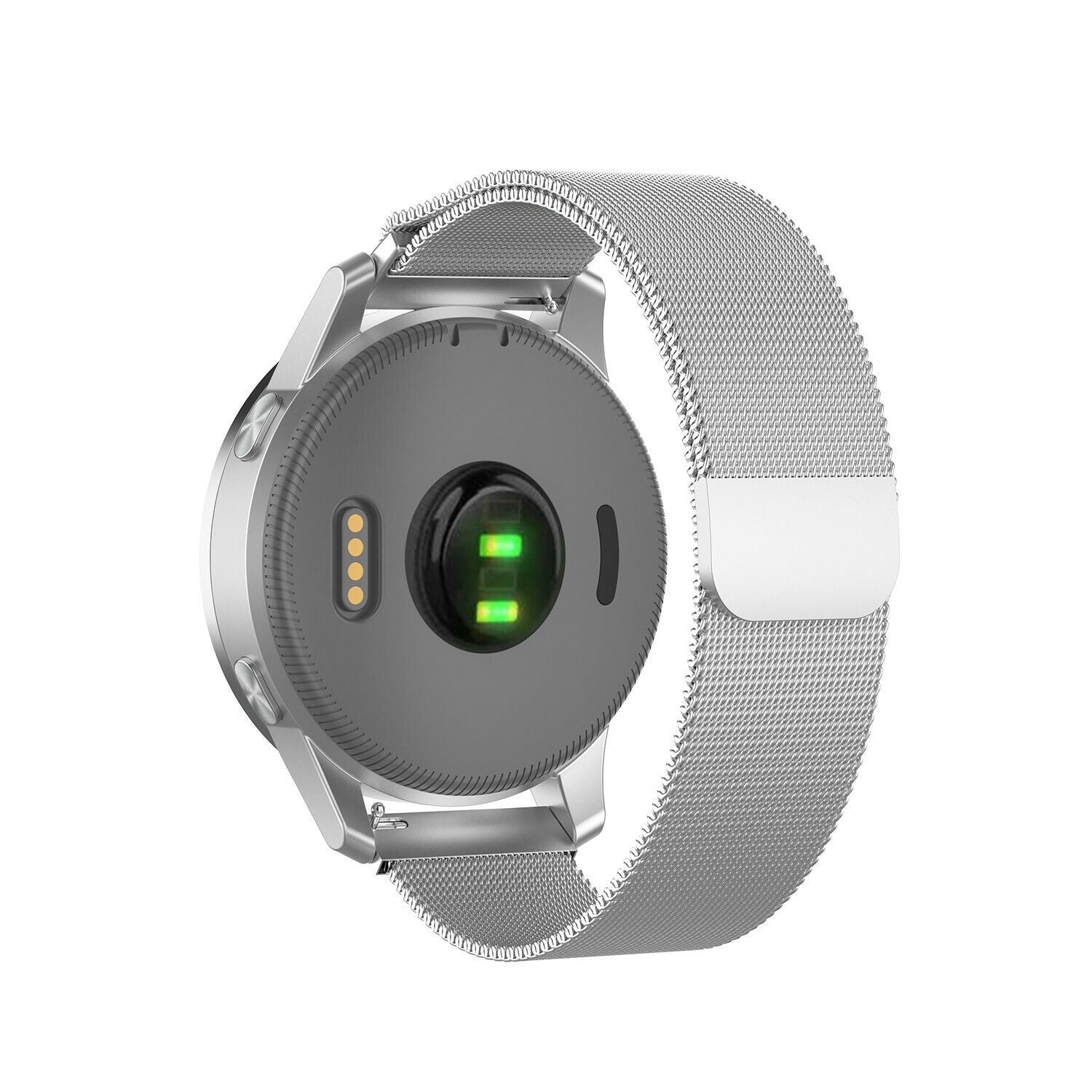 Silberne Smartwatch, die die Unterseite zeigt, mit einem grauen Sensor, grünen Lichtern und einem Metallmaschenband.