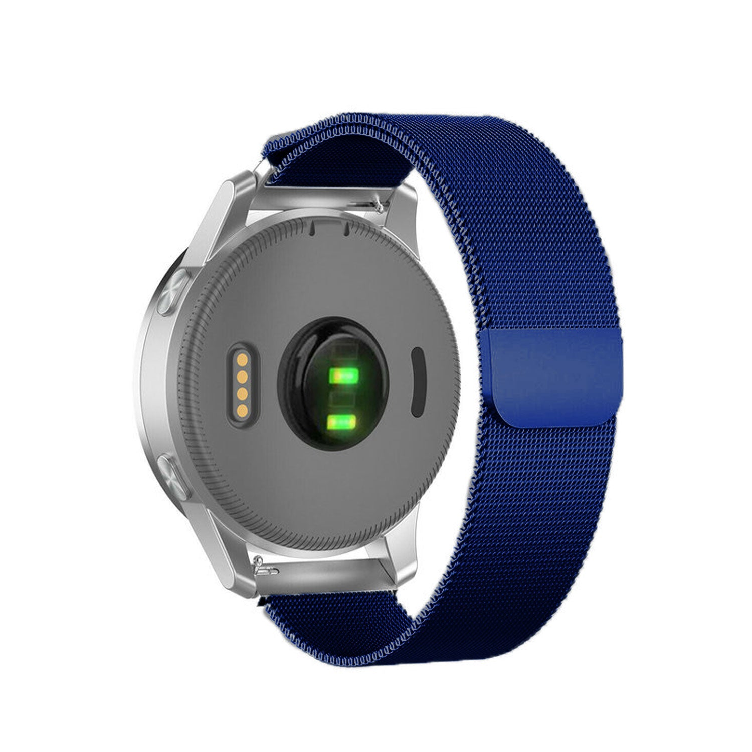 Eine silberne Smartwatch mit blauem Armband. Die Rückseite der Uhr ist sichtbar und zeigt Sensoren und den Bandverschluss. Die Uhr befindet sich auf weißem Hintergrund.