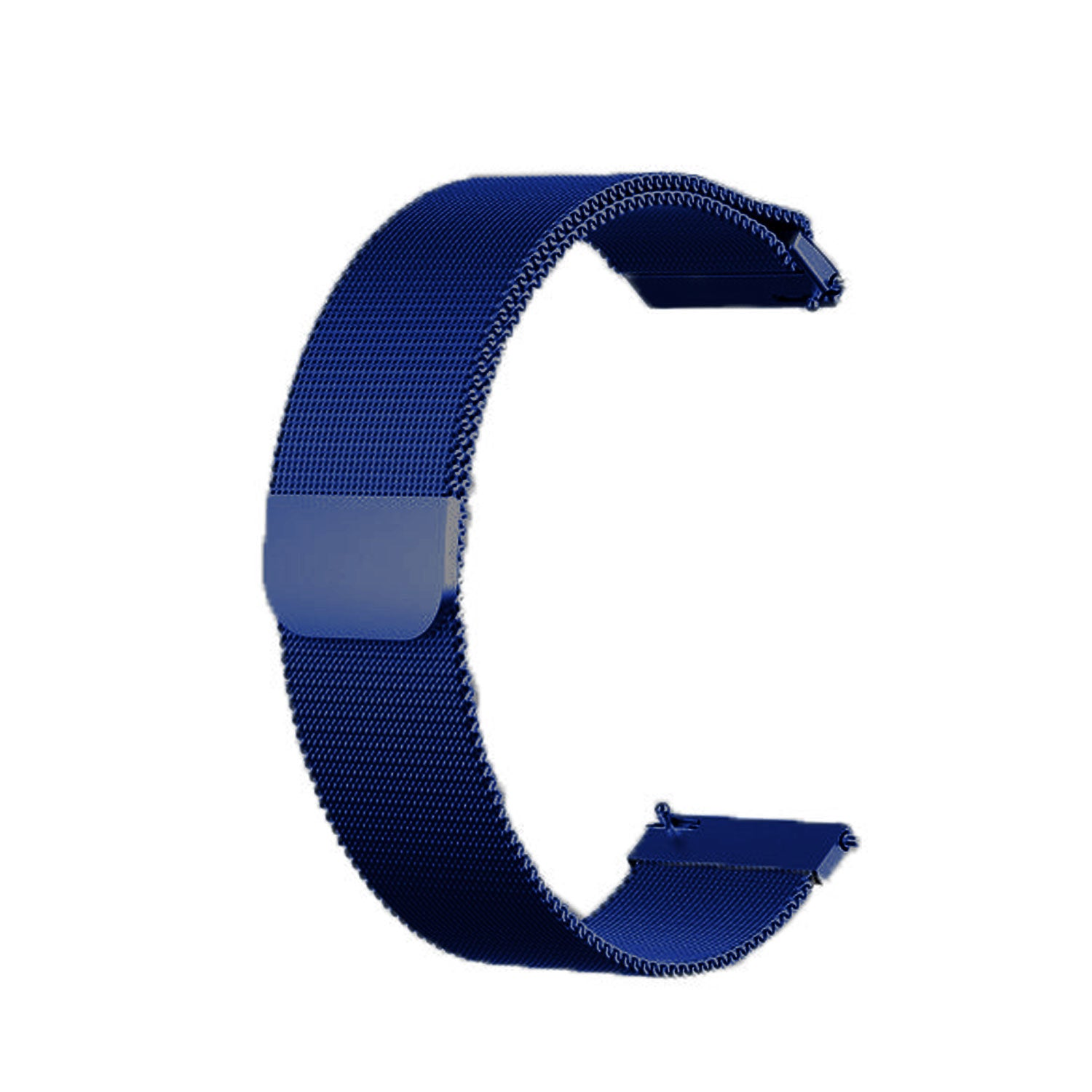 Ein blaues Uhrenarmband aus gewebtem Metall ist C-förmig gebogen. Das Armband hat einen Magnetverschluss und Befestigungspunkte.