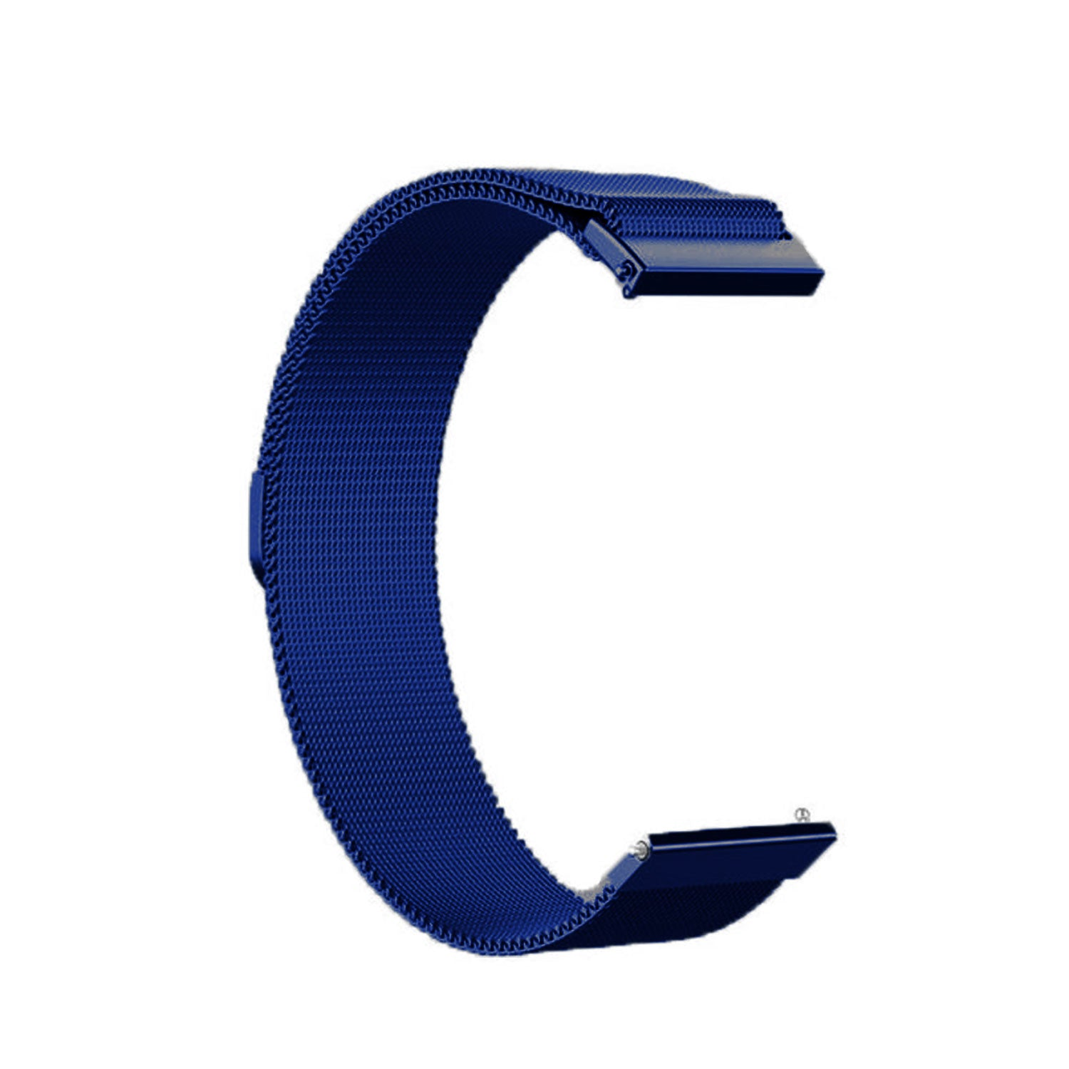 Ein gebogenes, blaues Uhrenarmband liegt auf weißem Hintergrund. Das Armband besteht aus gewebtem Metall. Die Enden haben Verschlüsse.