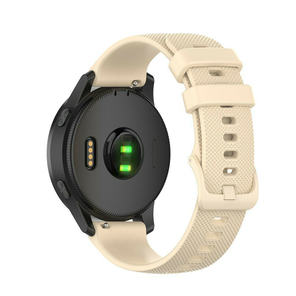 Eine schwarze Smartwatch mit cremefarbenem Armband. Die Uhr hat ein rundes Zifferblatt und das Armband ist befestigt. Die Rückseite hat Sensoren.