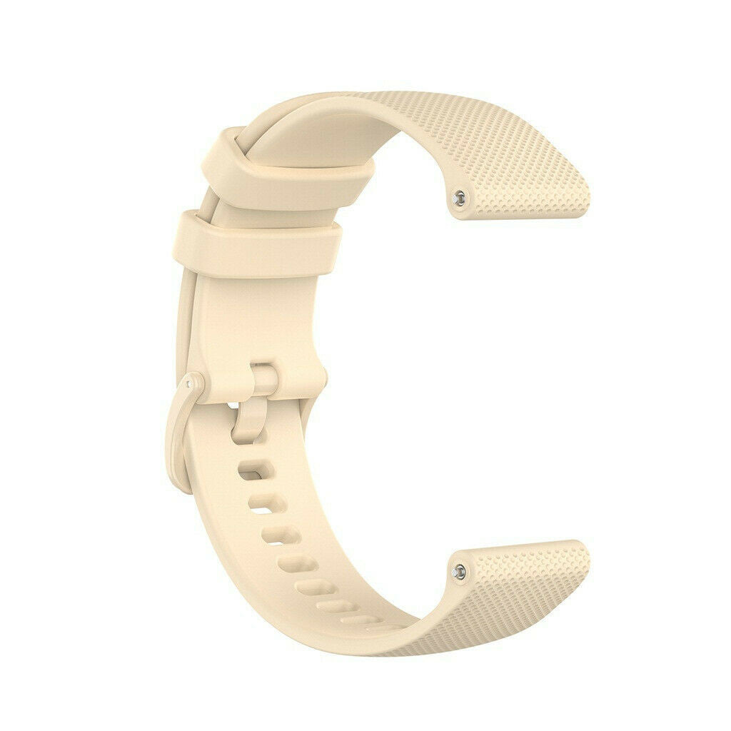Ein beiges Uhrenarmband. Das Band ist gebogen und hat Löcher zur Anpassung. Die Enden haben strukturierte Oberflächen und Metallstifte.