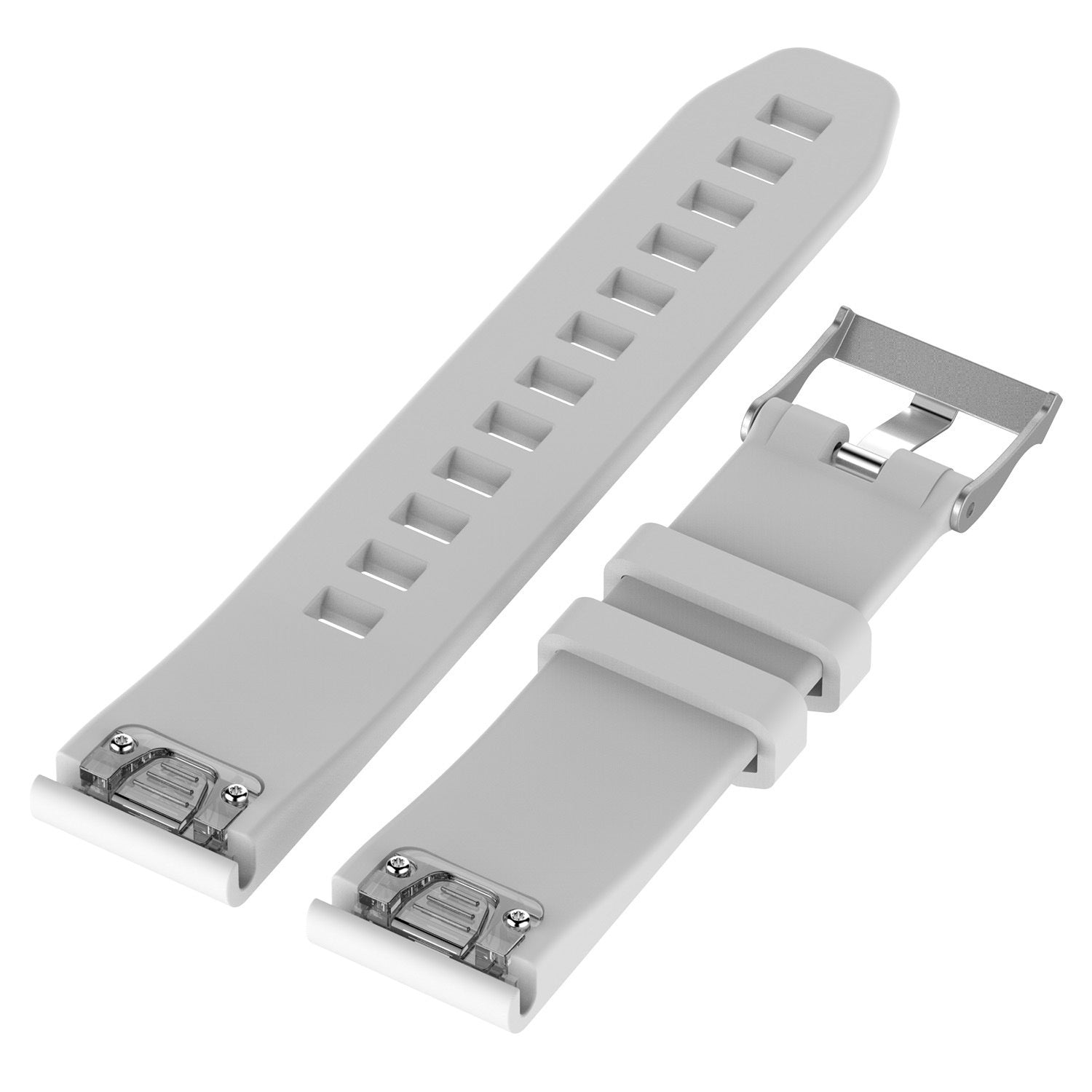 Zwei graue Uhrenarmbänder. Eines hat mehrere rechteckige Löcher. Das andere hat eine silberne Schnalle. Beide sind getrennt, isoliert auf Weiß.