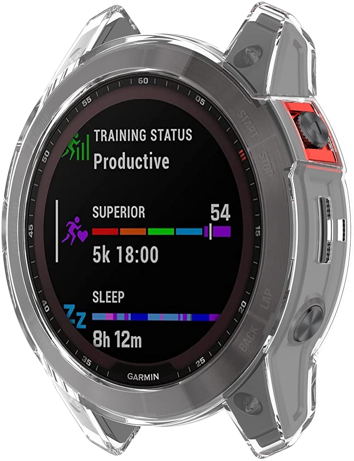 Smartwatch mit Trainingsstatus: Produktiv, Überlegen, 5 km Laufzeit und Schlafdauer. Die Uhr hat eine transparente Schutzhülle.