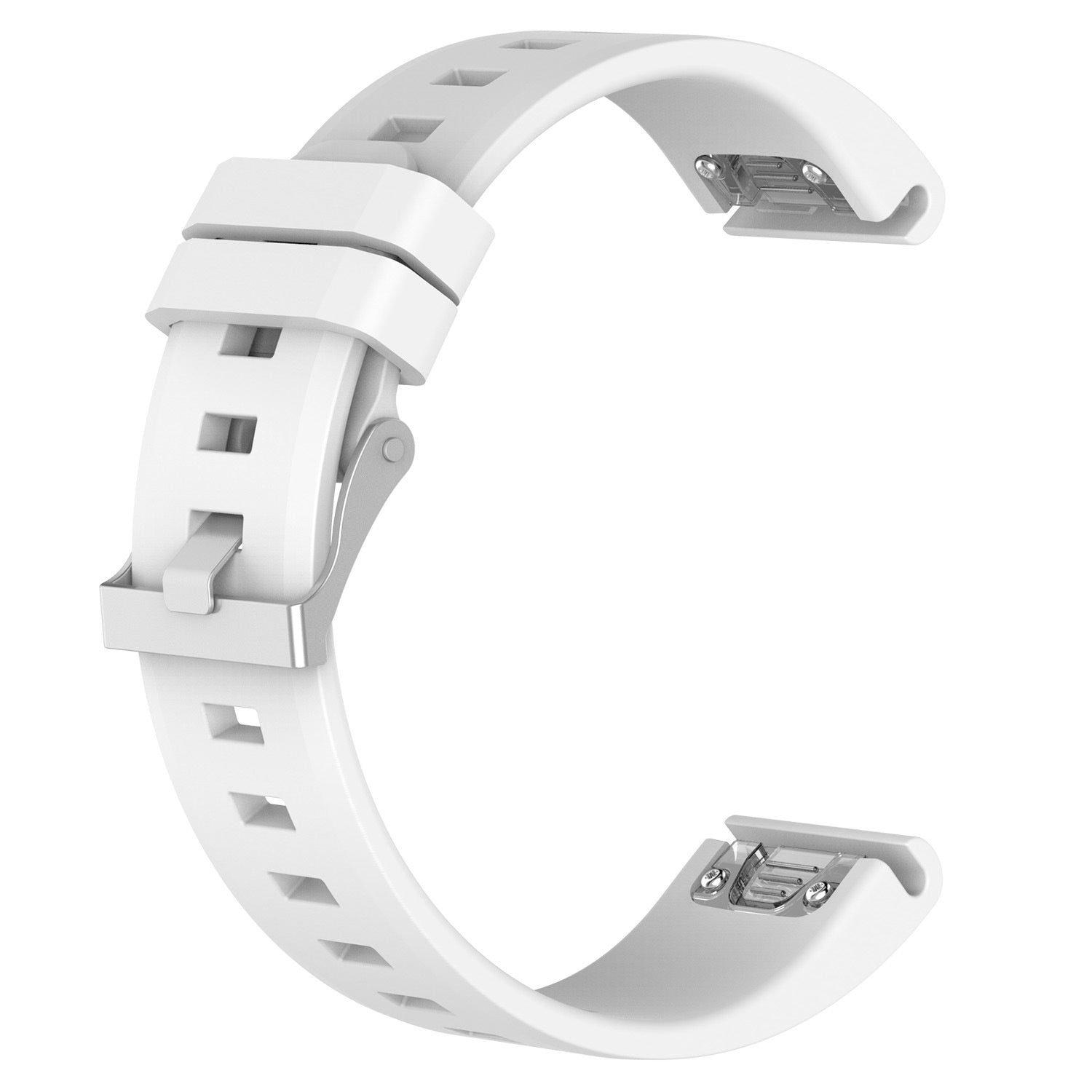 Ein weißes Uhrenarmband ist gebogen und hat eine Schnalle und Löcher am Armband. Die Schnalle ist silberfarben und das Armband scheint aus Gummi zu sein.