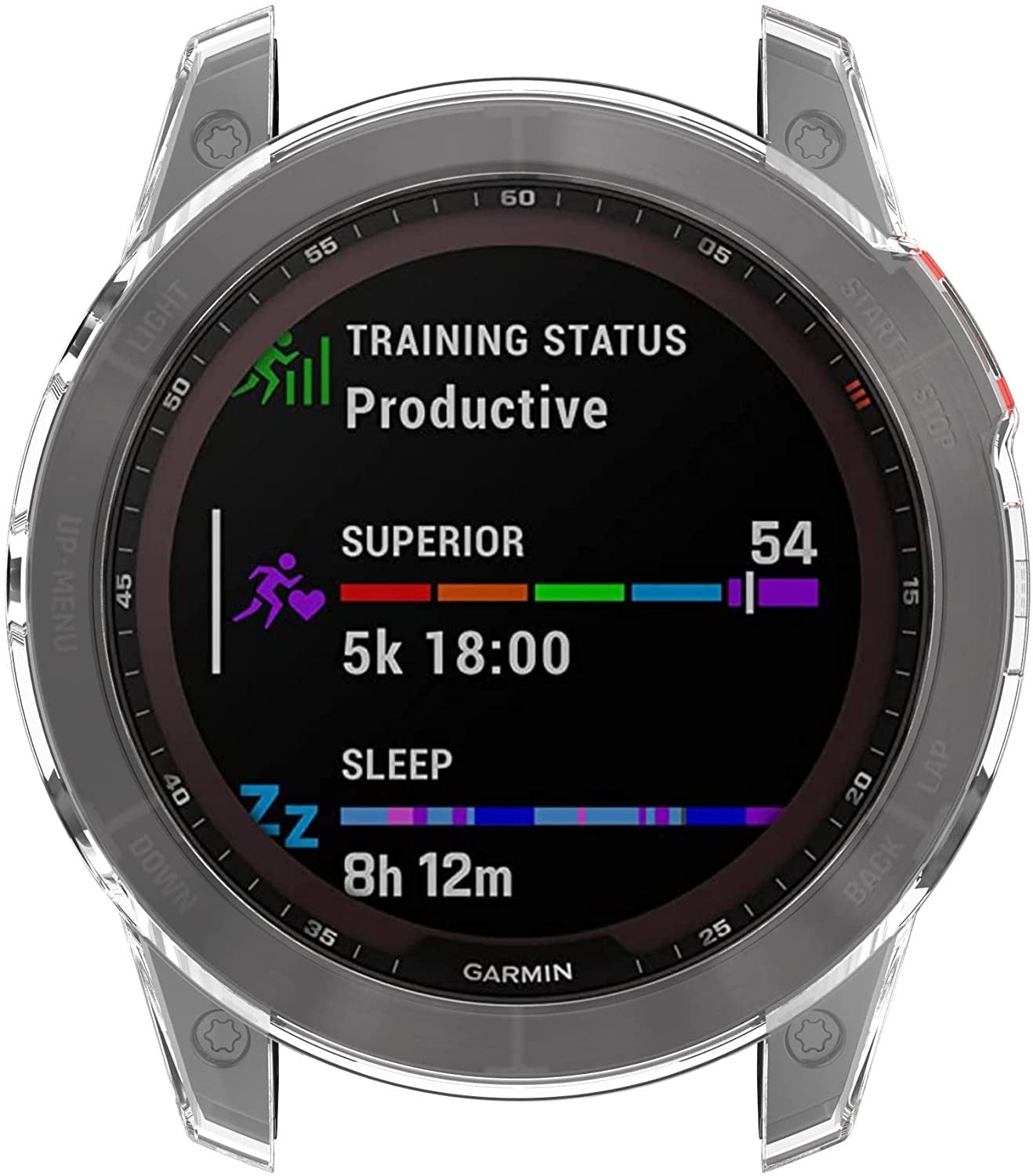 Smartwatch-Bildschirm mit Trainingsstatus als produktiv, 5k-Zeit, Schlafdauer und anderen Fitnessmetriken.