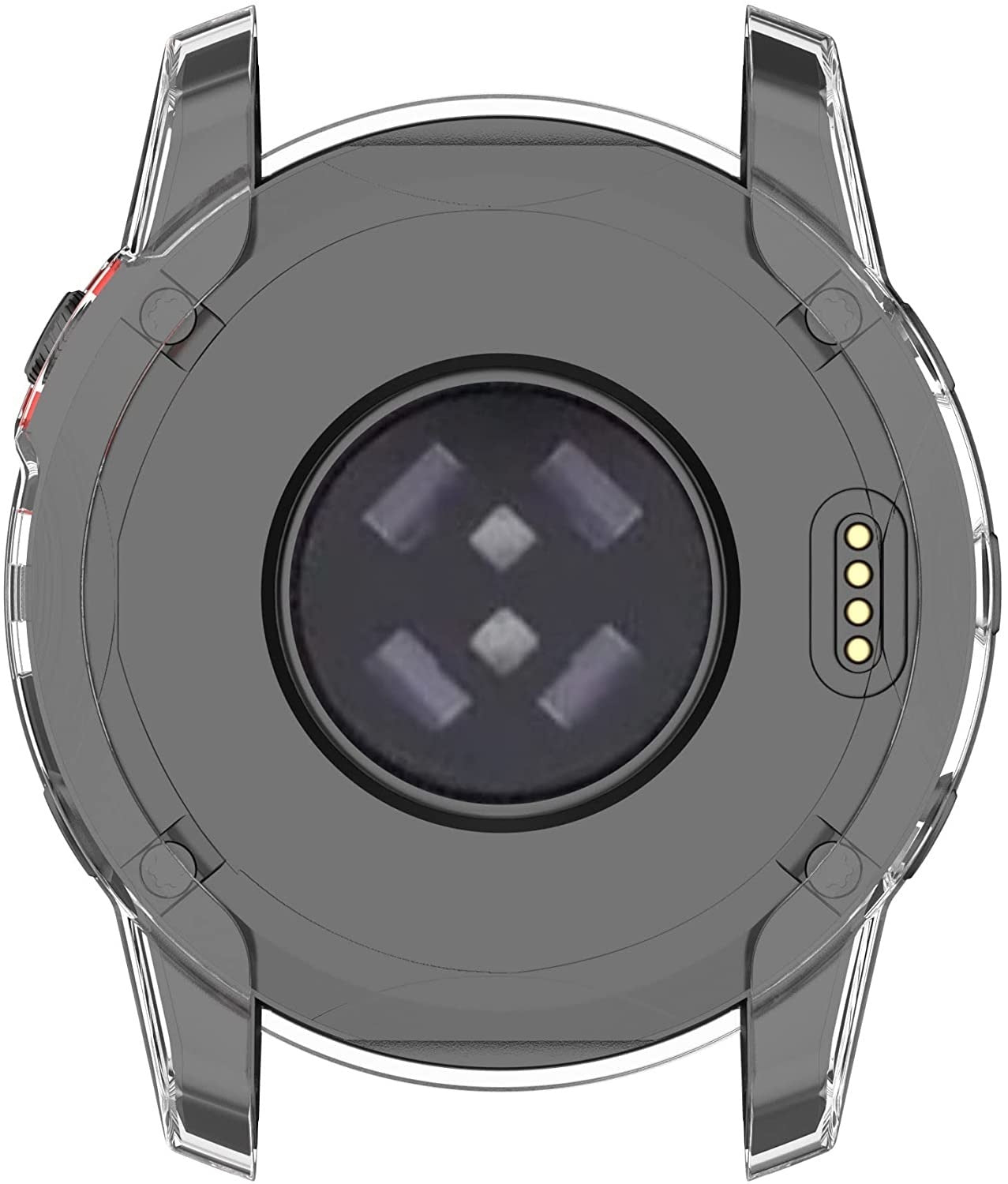 Nahaufnahme der Rückseite einer Smartwatch. Sie hat einen dunkelgrauen kreisförmigen Körper mit Sensoren, Ladepunkten und einer transparenten Schutzhülle.