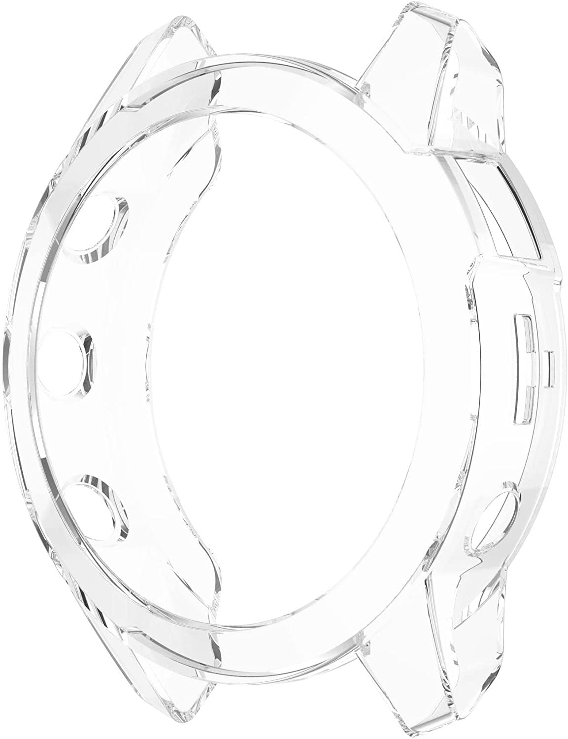 Eine transparente Uhrenhülle mit kreisförmigem Design. Sie hat erhöhte Kanten und Aussparungen für Knöpfe und einen Bildschirm.