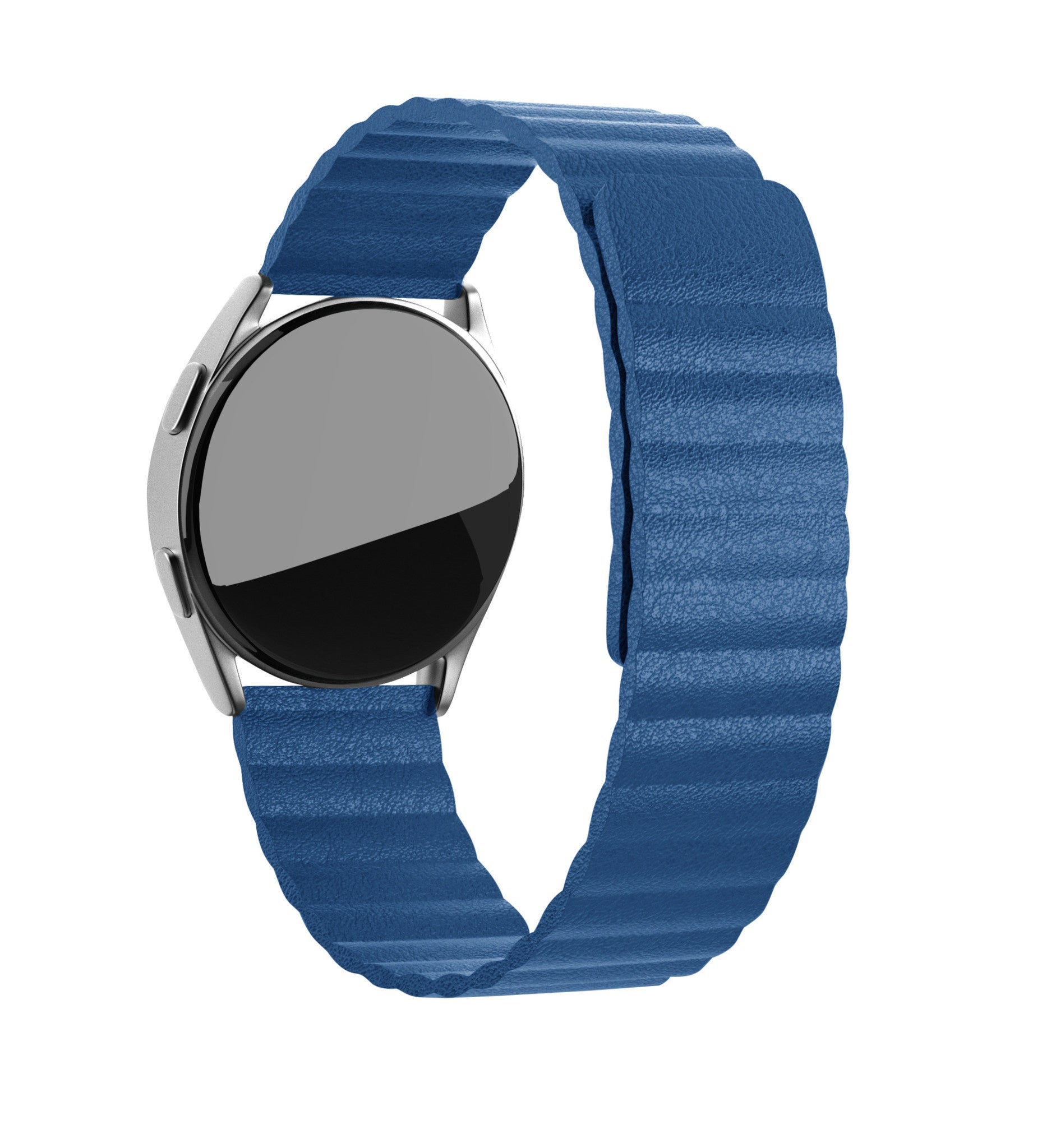 Eine silberne Smartwatch mit rundem schwarzem Bildschirm und blauem Lederarmband vor weißem Hintergrund.