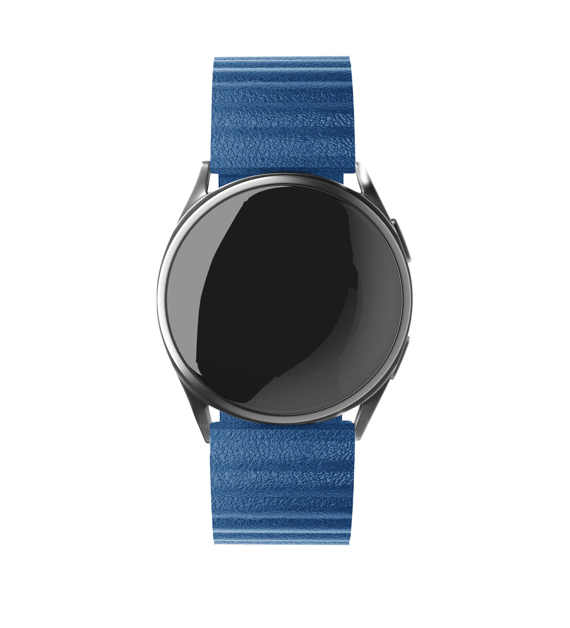 Eine Smartwatch mit schwarzem Bildschirm und blau strukturiertem Armband. Die Uhr ist zentriert.