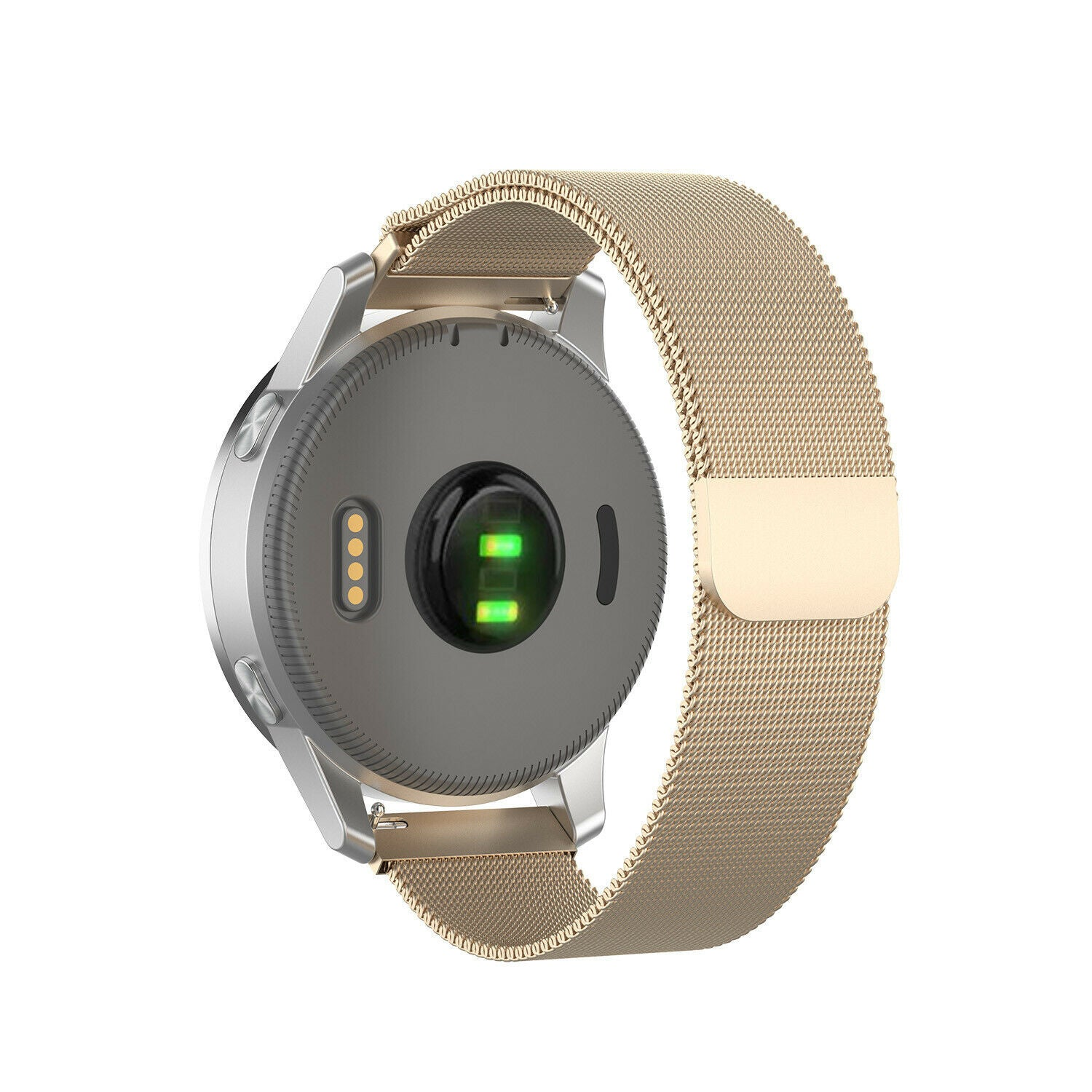 Eine silberne Smartwatch mit goldenem Mesh-Armband. Die Rückseite der Uhr ist grau, mit einem grünen Lichtsensor. Das Band ist gewickelt.