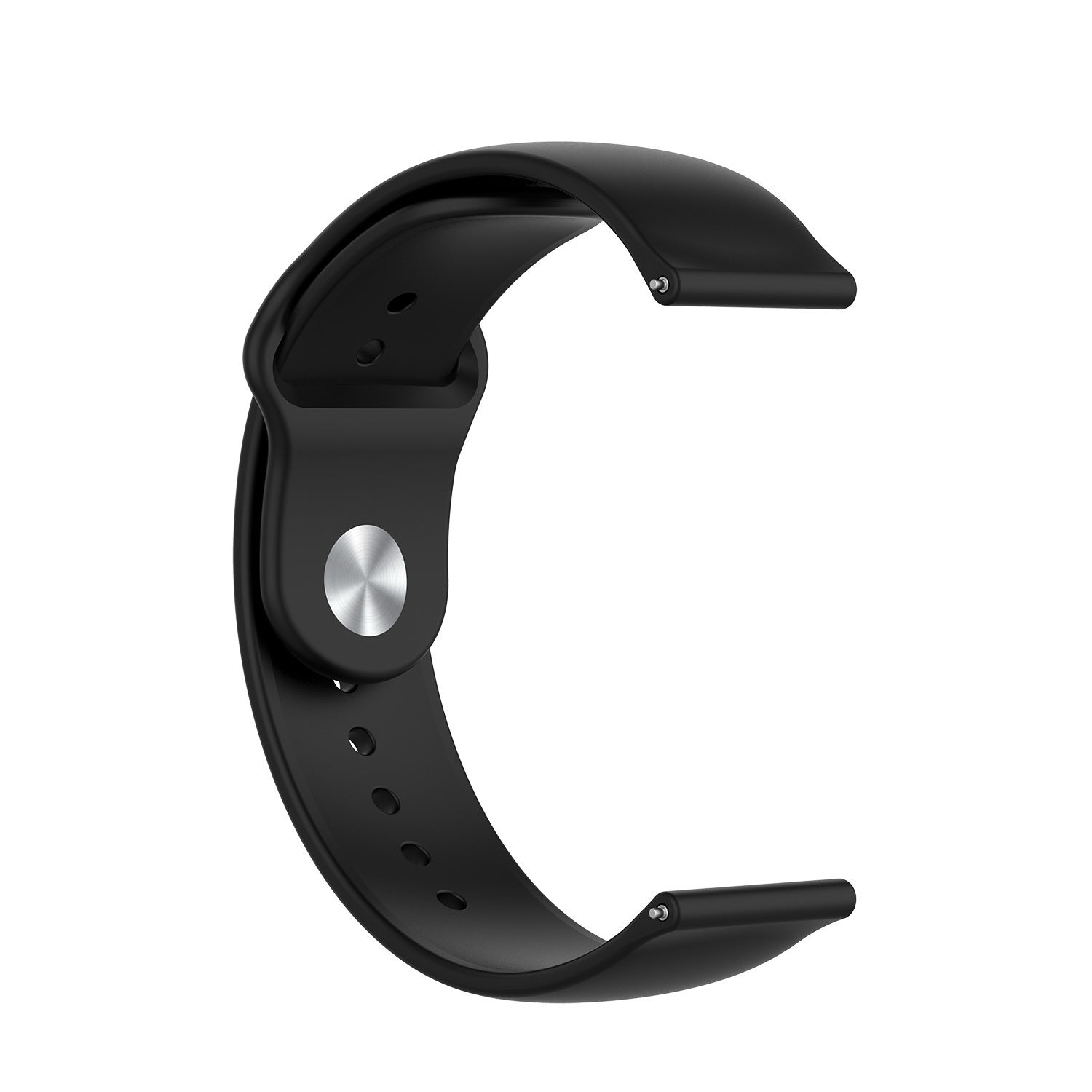 Ein schwarzes Armband ist C-förmig vor weißem Hintergrund. Es hat einen silbernen Knopf und kleine Löcher.