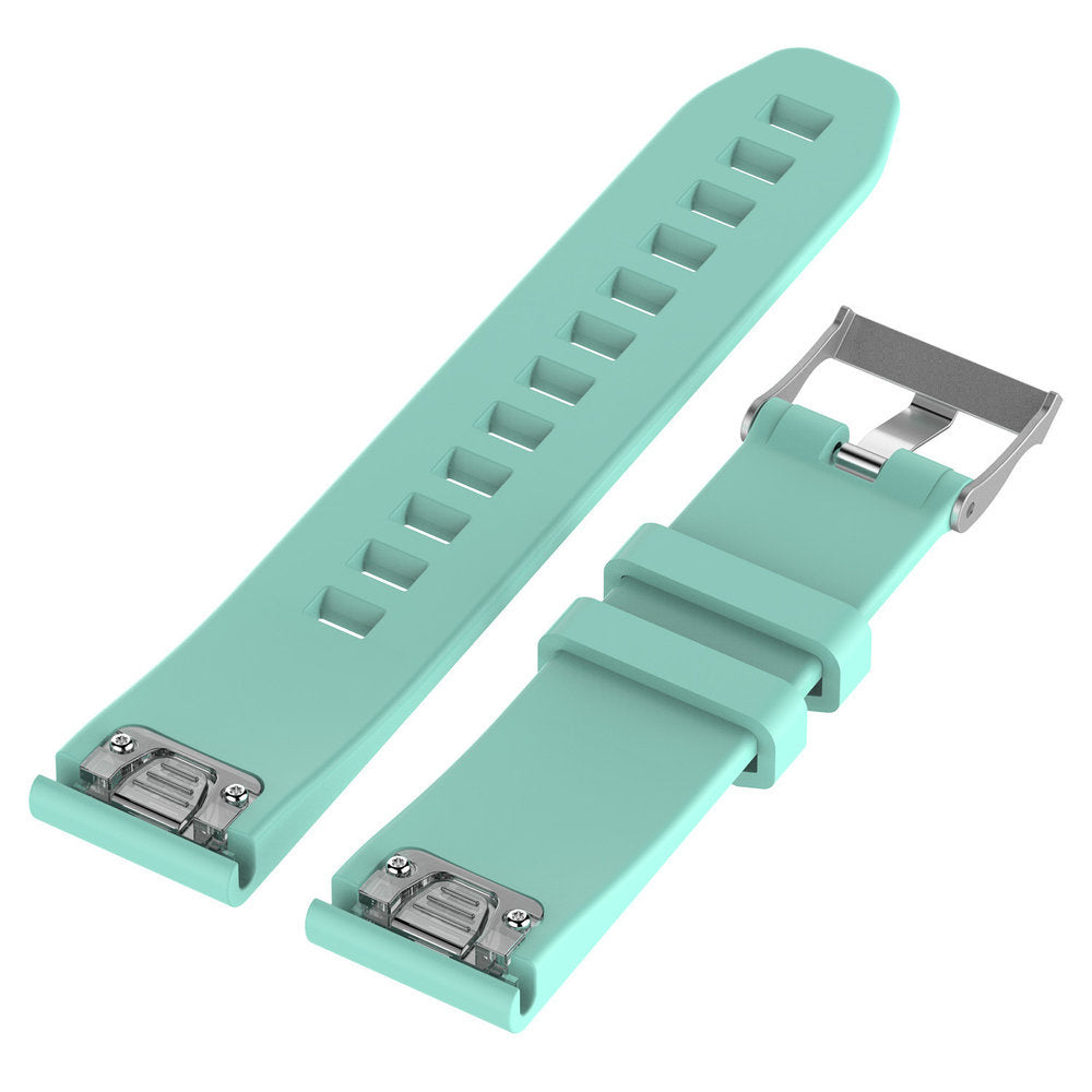 Zwei türkisfarbene Uhrenarmbänder. Eines hat Löcher, das andere eine Schnalle. Beide haben Metallverbinder.