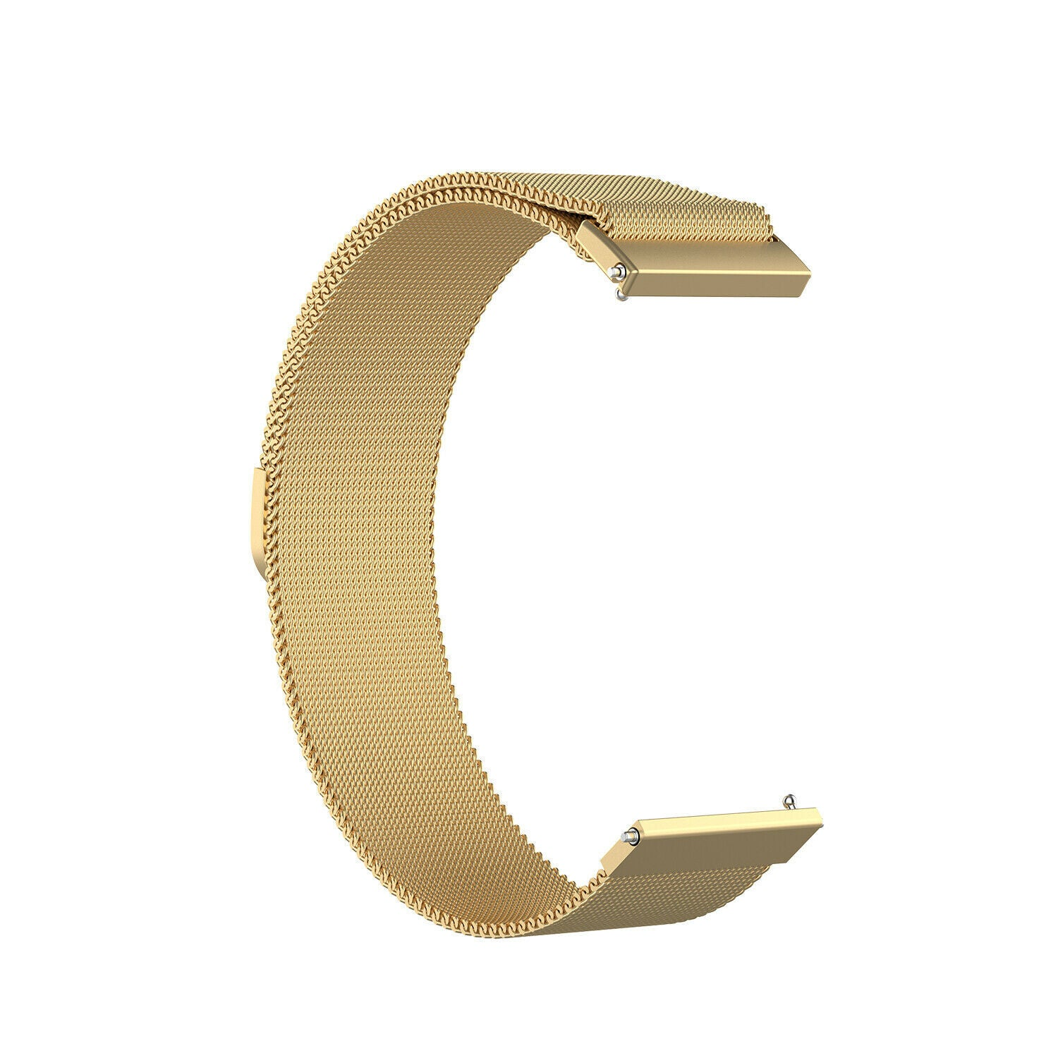 Ein goldfarbenes Uhrenarmband liegt auf weißem Hintergrund. Es ist gebogen, aus Mesh gefertigt, mit zwei rechteckigen Endstücken.