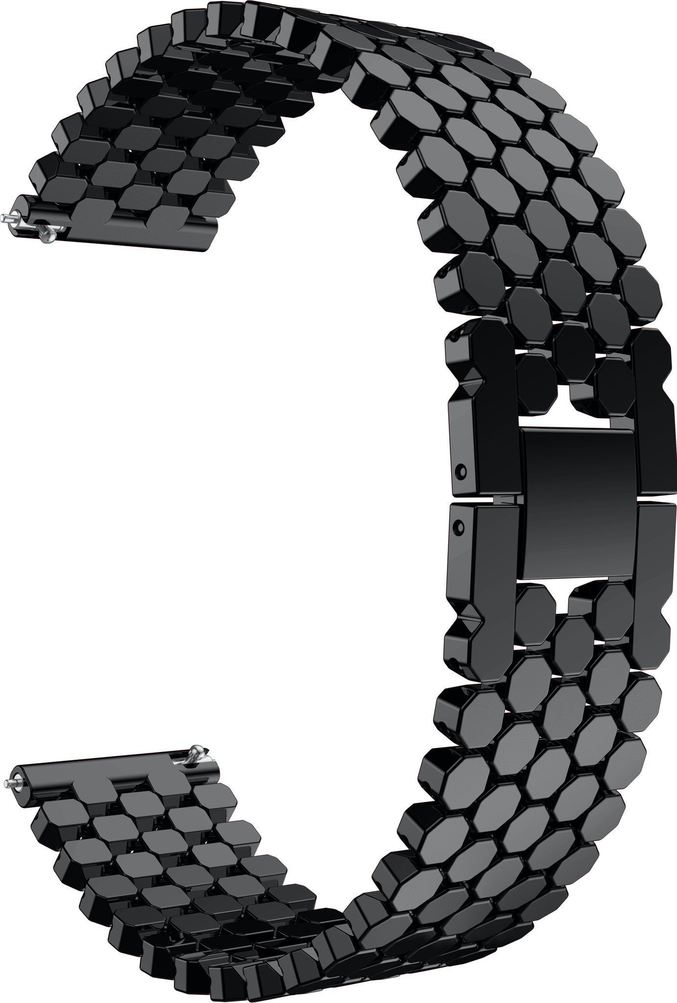 Ein gebogenes schwarzes Uhrenarmband mit sechseckigen Gliedern und einer rechteckigen Schließe auf weißem Hintergrund.