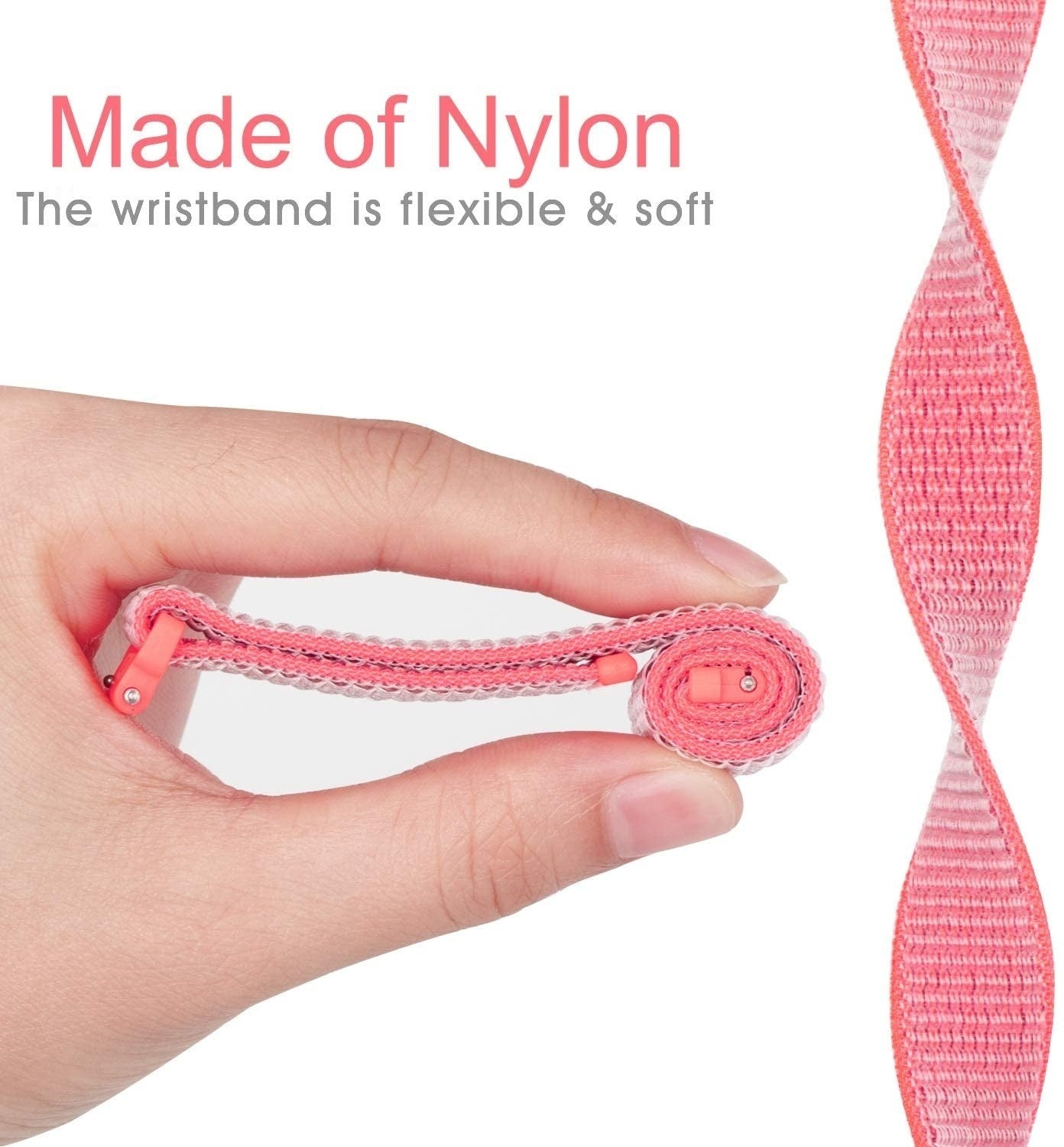 Eine Hand hält ein aufgerolltes rosa Nylon-Armband. Der Hintergrund zeigt einen Abschnitt eines verdrehten rosa Riemens.