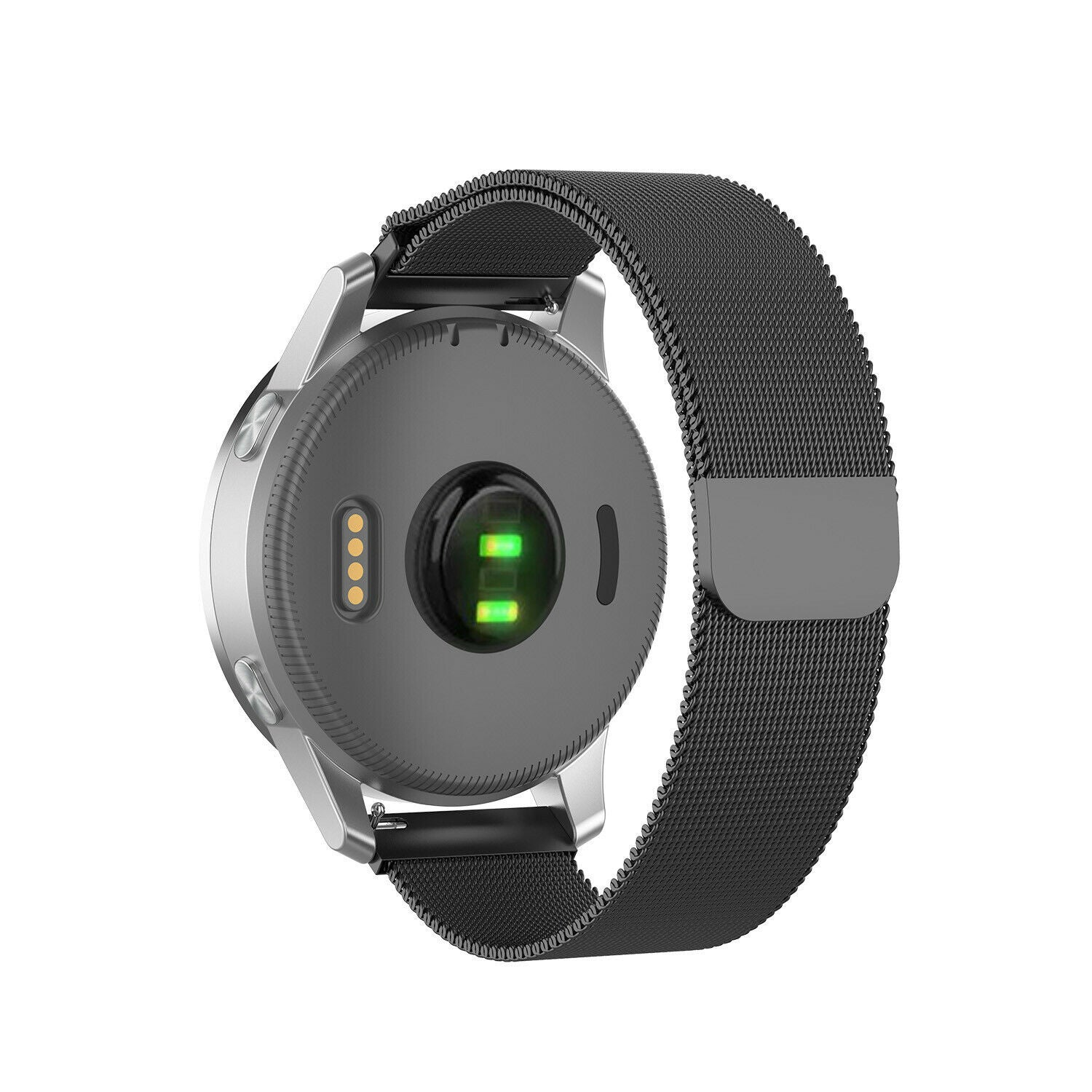 Eine silberne Smartwatch mit einem schwarzen Mesh-Armband. Die Rückseite zeigt Sensoren und einen Ladeanschluss.