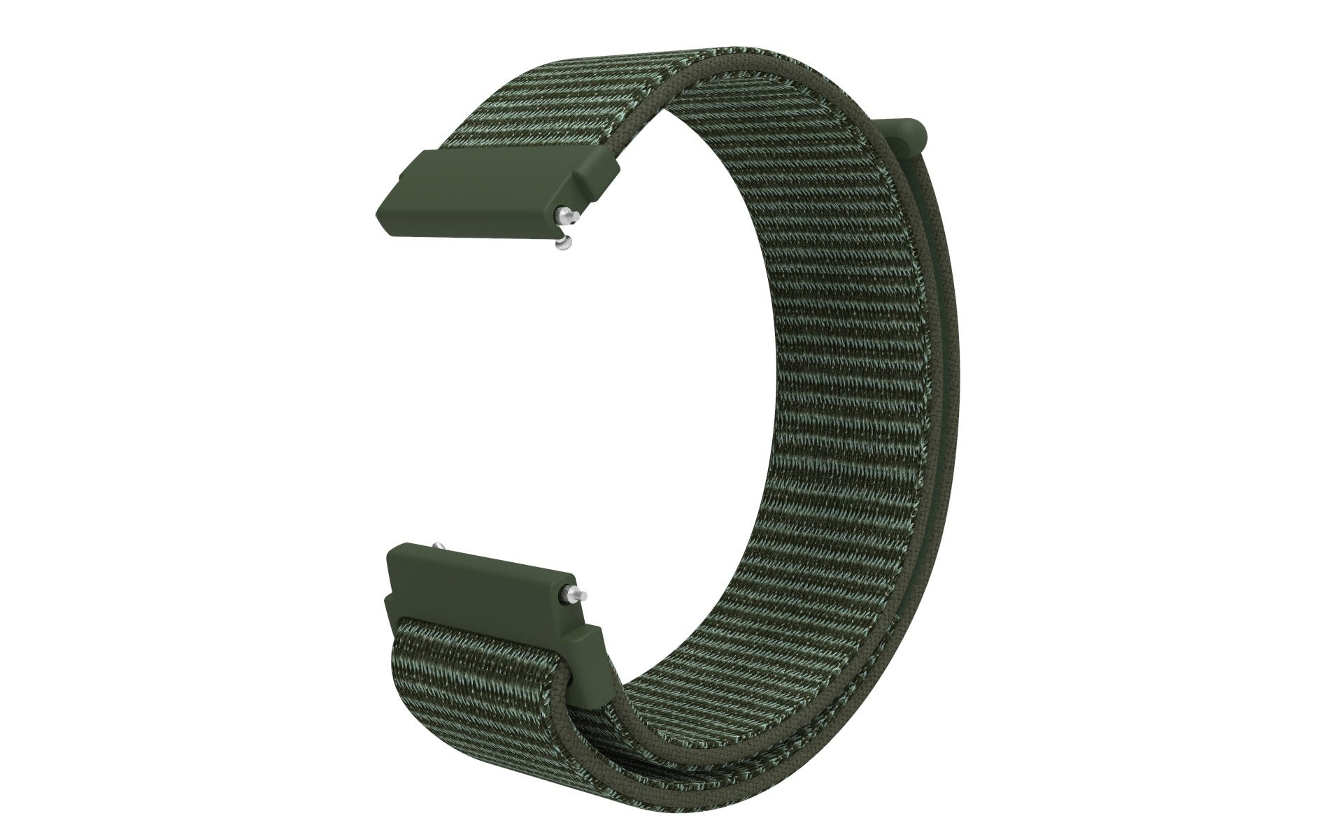 Auf weißem Hintergrund ist ein olivgrünes Uhrenarmband zu sehen. Das Band besteht aus gewebtem Material. Der Verschluss ist ebenfalls grün.