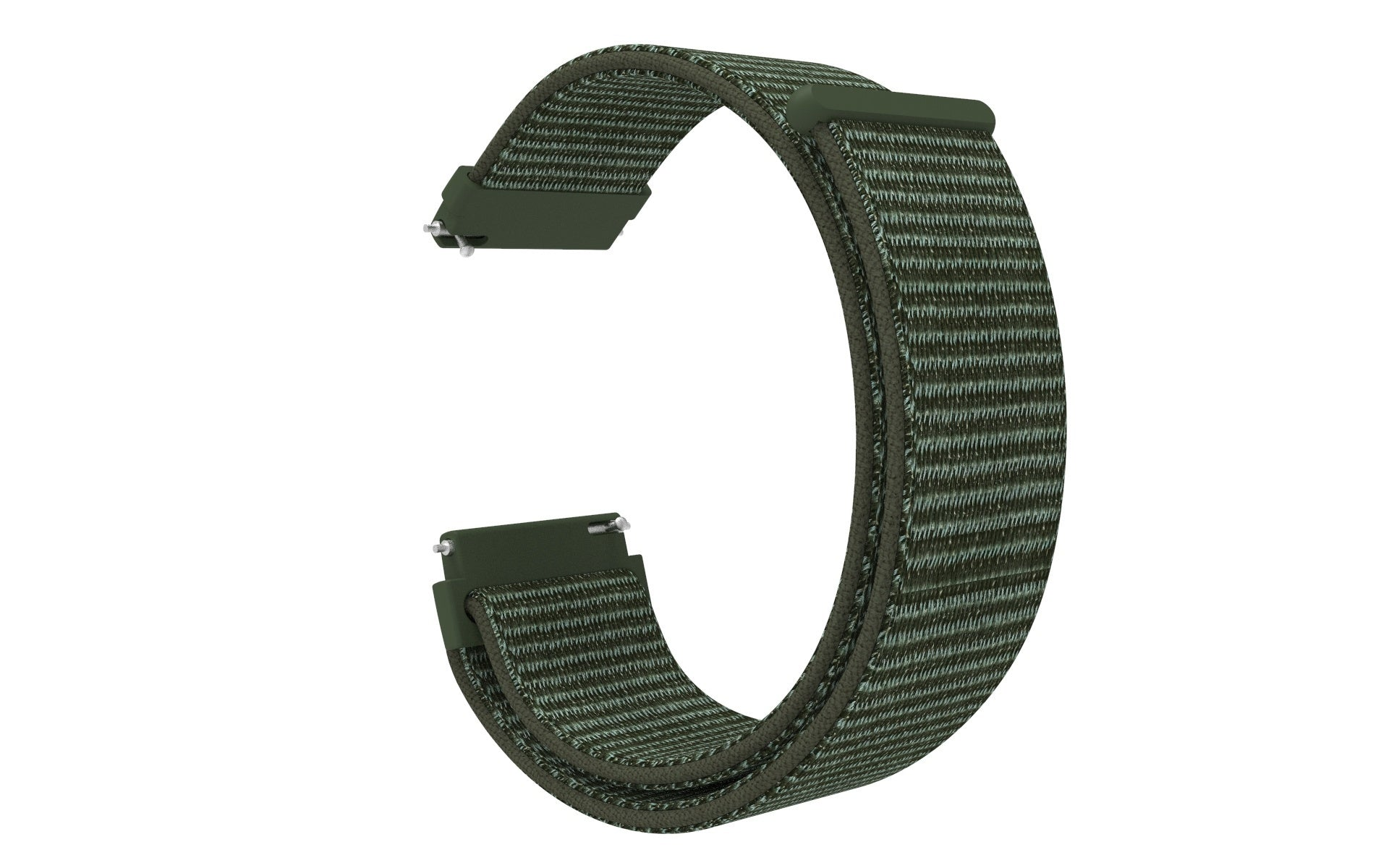 Ein grünes Nylon-Uhrenarmband in C-Form. Das Band hat ein strukturiertes Gewebe und Metallverschlüsse an beiden Enden.