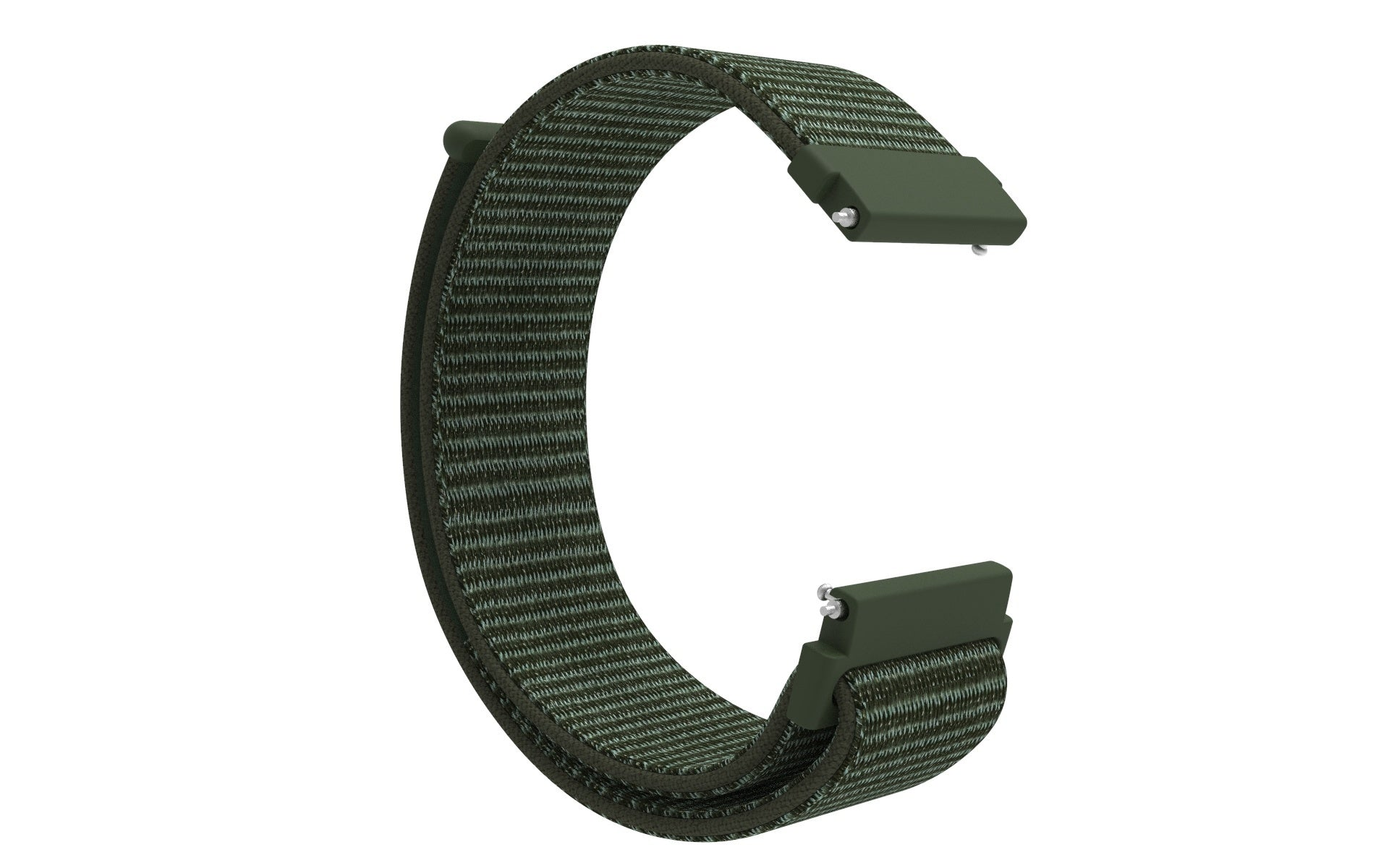 Ein olivgrünes Uhrenarmband in C-Form. Das Armband besteht aus gewebtem Stoff mit Metallverschlüssen an beiden Enden, isoliert auf Weiß.