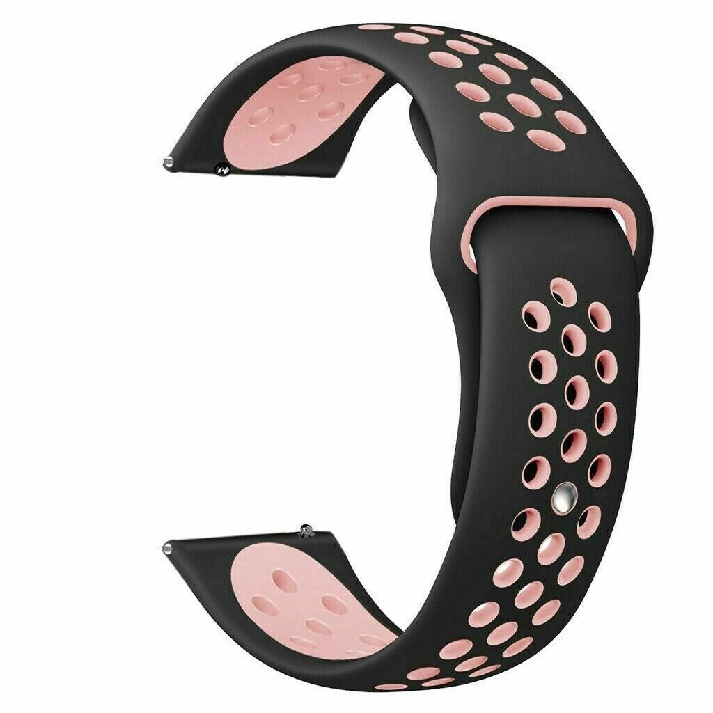 Schwarzes und rosa Uhrenarmband. Der Riemen hat eine schwarze Außenseite mit rosa Innenseite und Löchern. Es ist gebogen und hat Metallstifte.