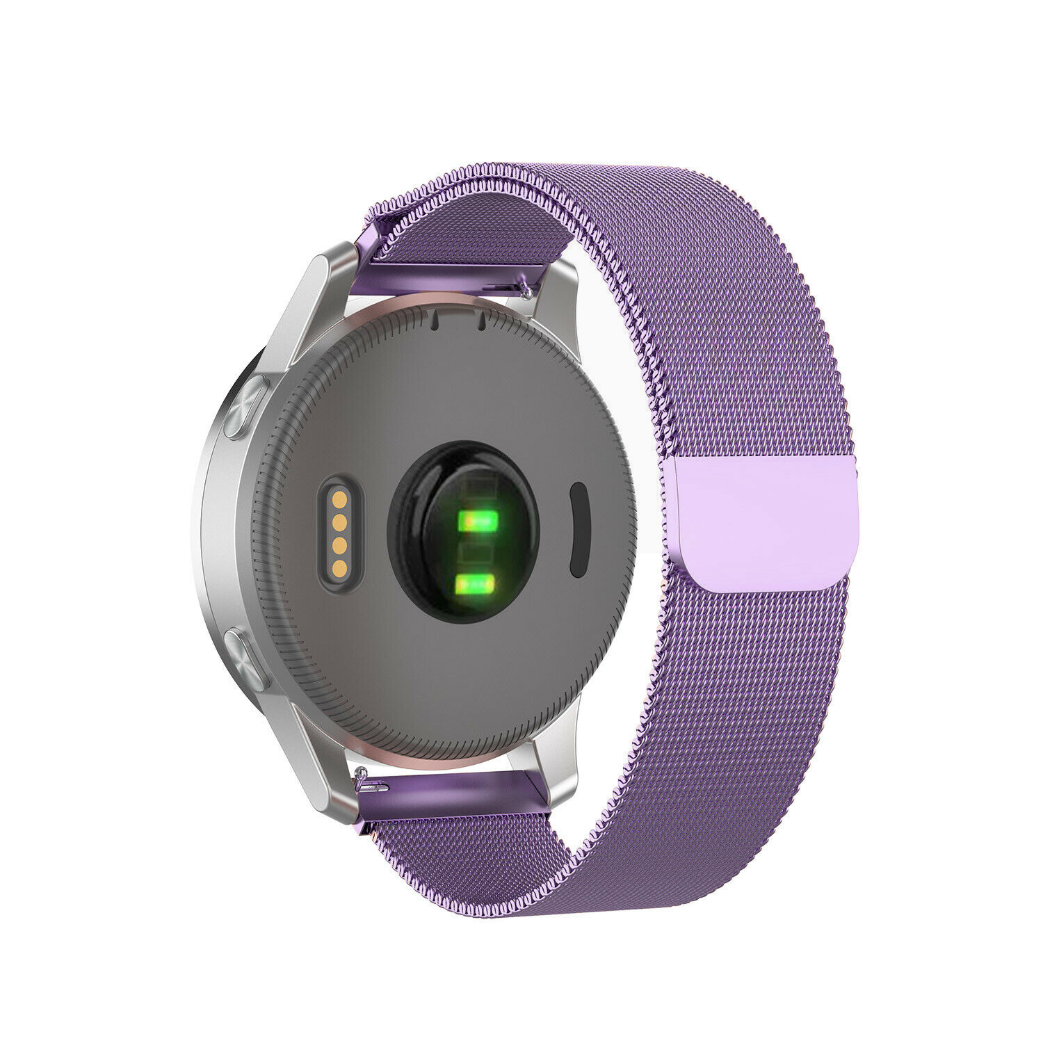 Eine silberne Smartwatch mit lila Mesh-Armband. Die Rückseite der Uhr ist grau mit Sensoren und einem hellgrünen Licht.