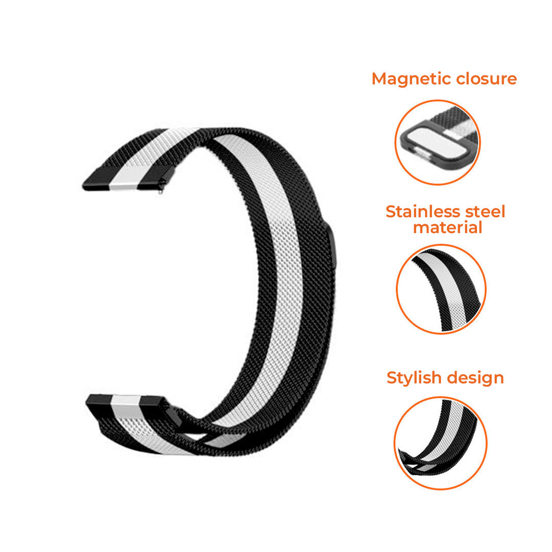 Schwarzes und weißes Metall-Uhrenarmband. Verfügt über Magnetverschluss, Edelstahlmaterial und stilvolles Design. Auf weißem Hintergrund isoliert.