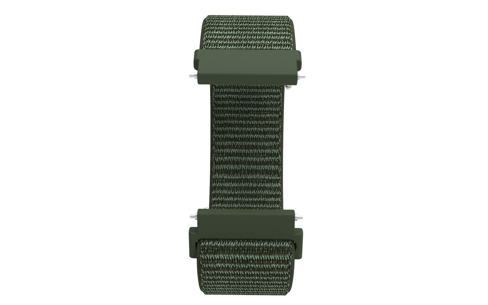 Ein grünes Uhrenarmband auf weißem Hintergrund. Das Armband besteht aus gewebtem Material und hat dunkelgrüne Kunststoffclips.