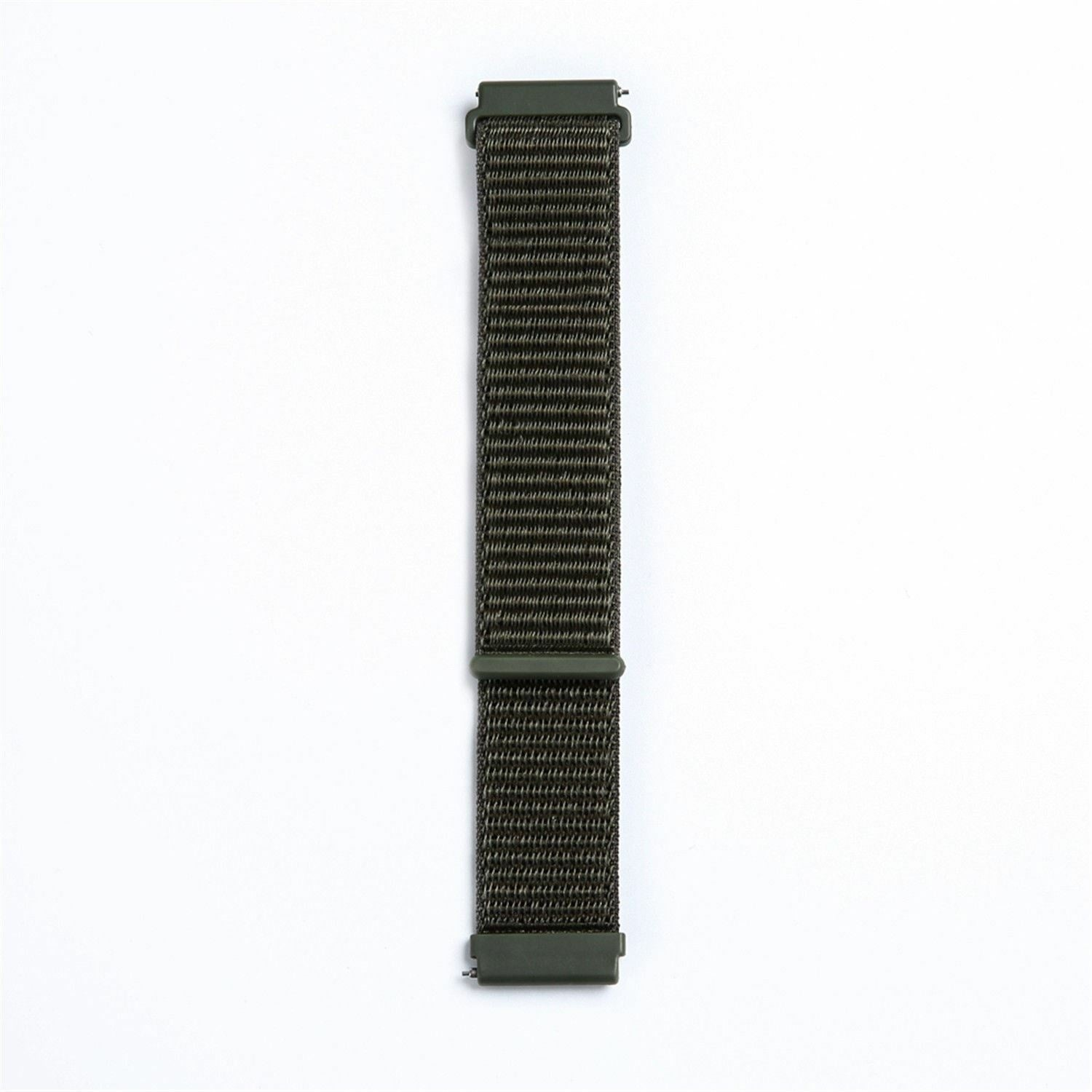 Ein olivgrünes Uhrenarmband auf weißem Hintergrund. Das Armband ist gewebt und hat eine Schnalle.