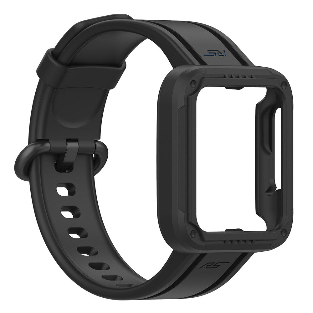 Schwarzes Smartwatch-Armband und -Gehäuse mit rechteckigem Uhrenhalter und verstellbarem Riemen.