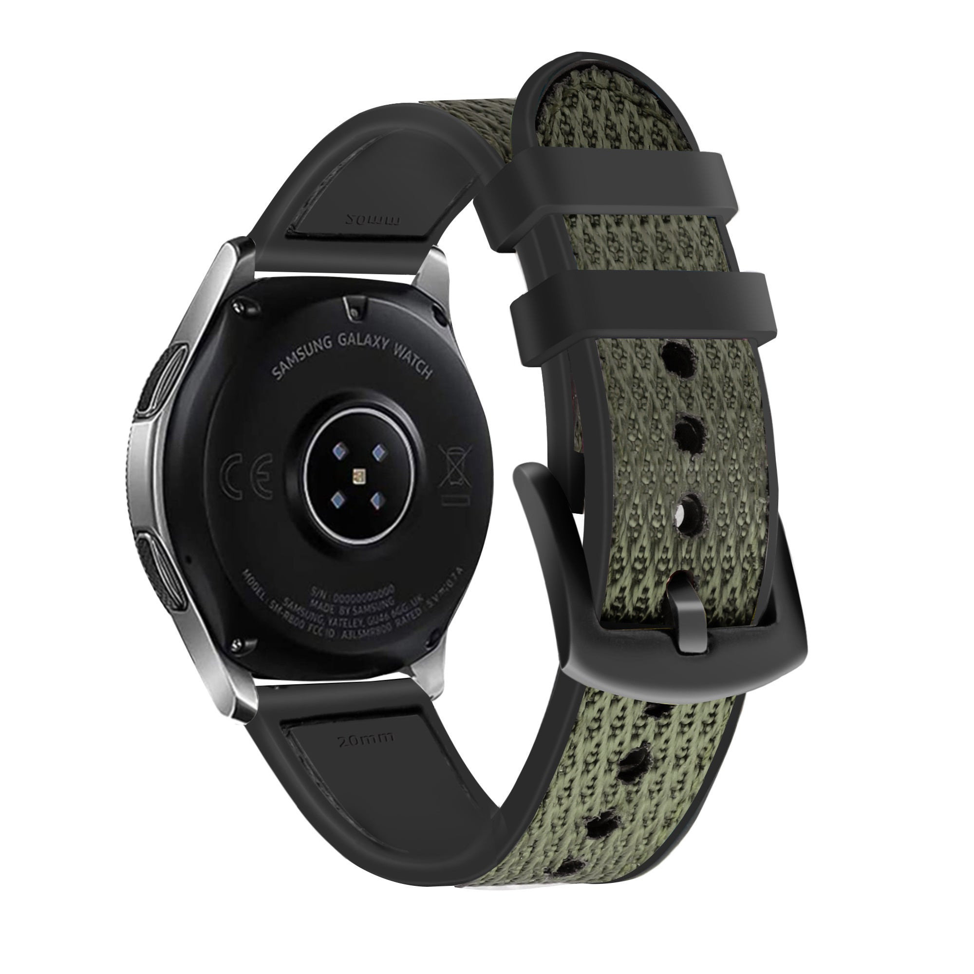 Eine Samsung Galaxy Watch mit grünem und schwarzem Armband ist zu sehen. Die Uhr befindet sich auf weißem Hintergrund.