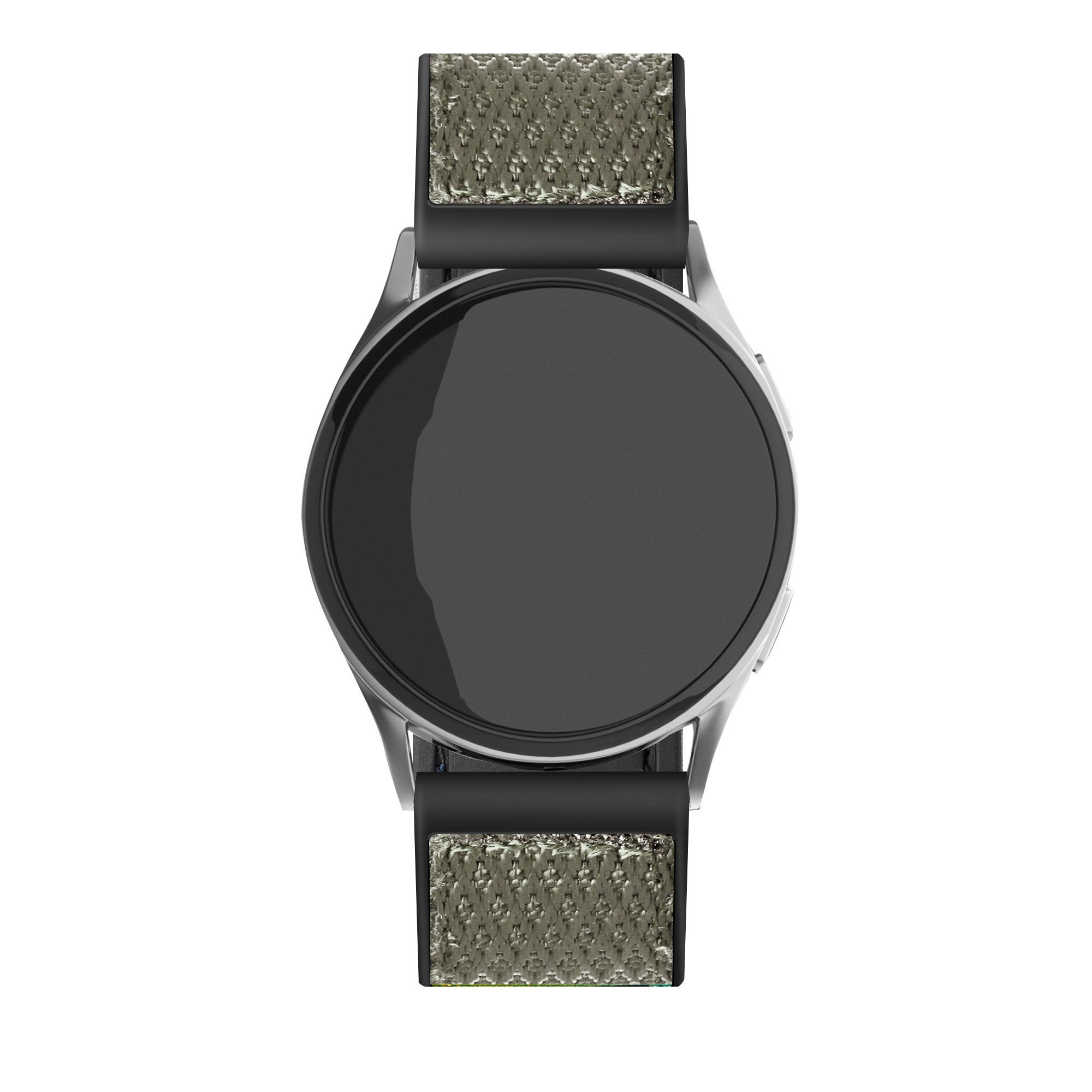 Eine Smartwatch mit schwarzem Bildschirm. Sie hat ein silbernes Gehäuse und ein strukturiertes grünes Armband.