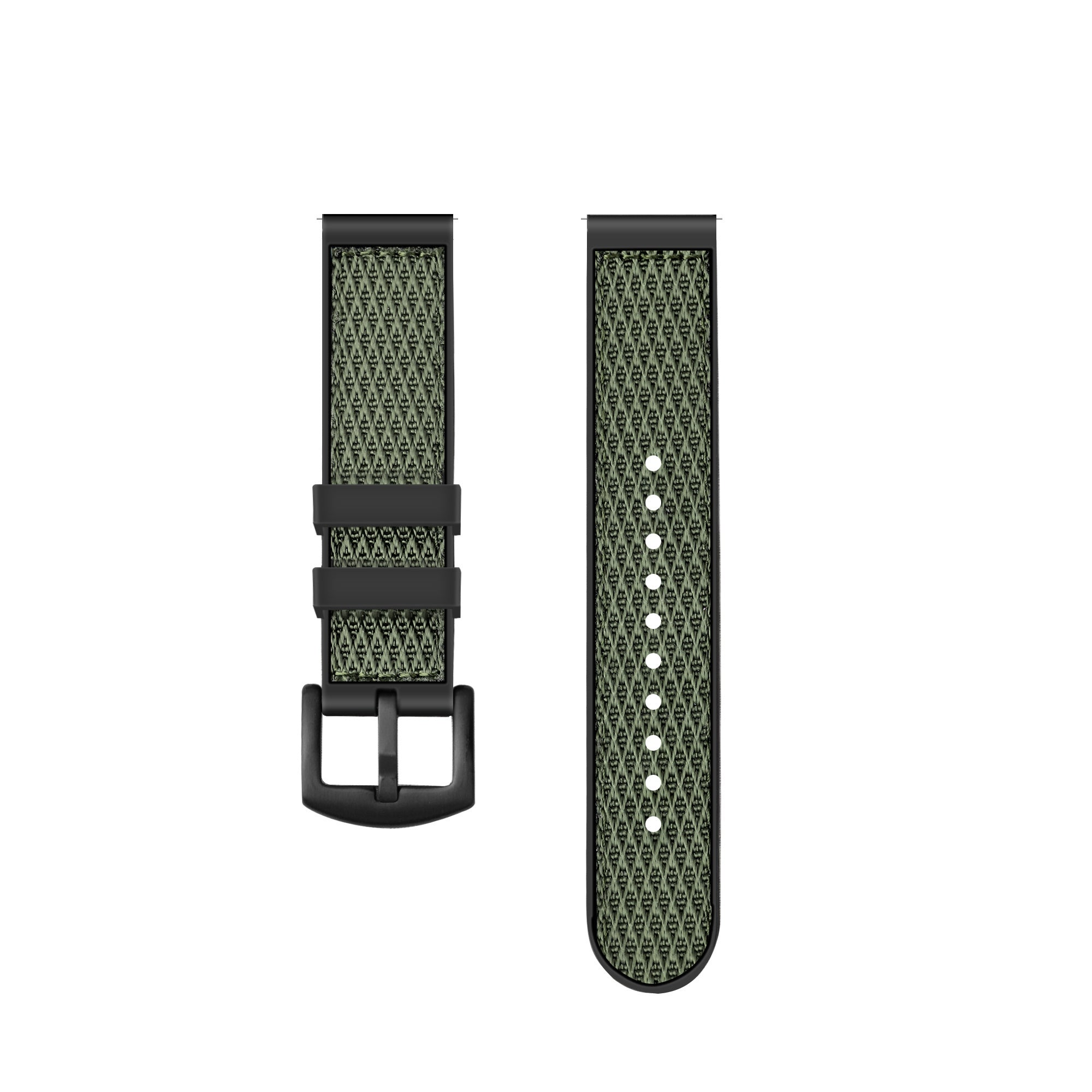Ein Uhrenarmband mit grünem Webmuster und schwarzer Hardware. Zwei Teile werden angezeigt, eines mit Schnalle.