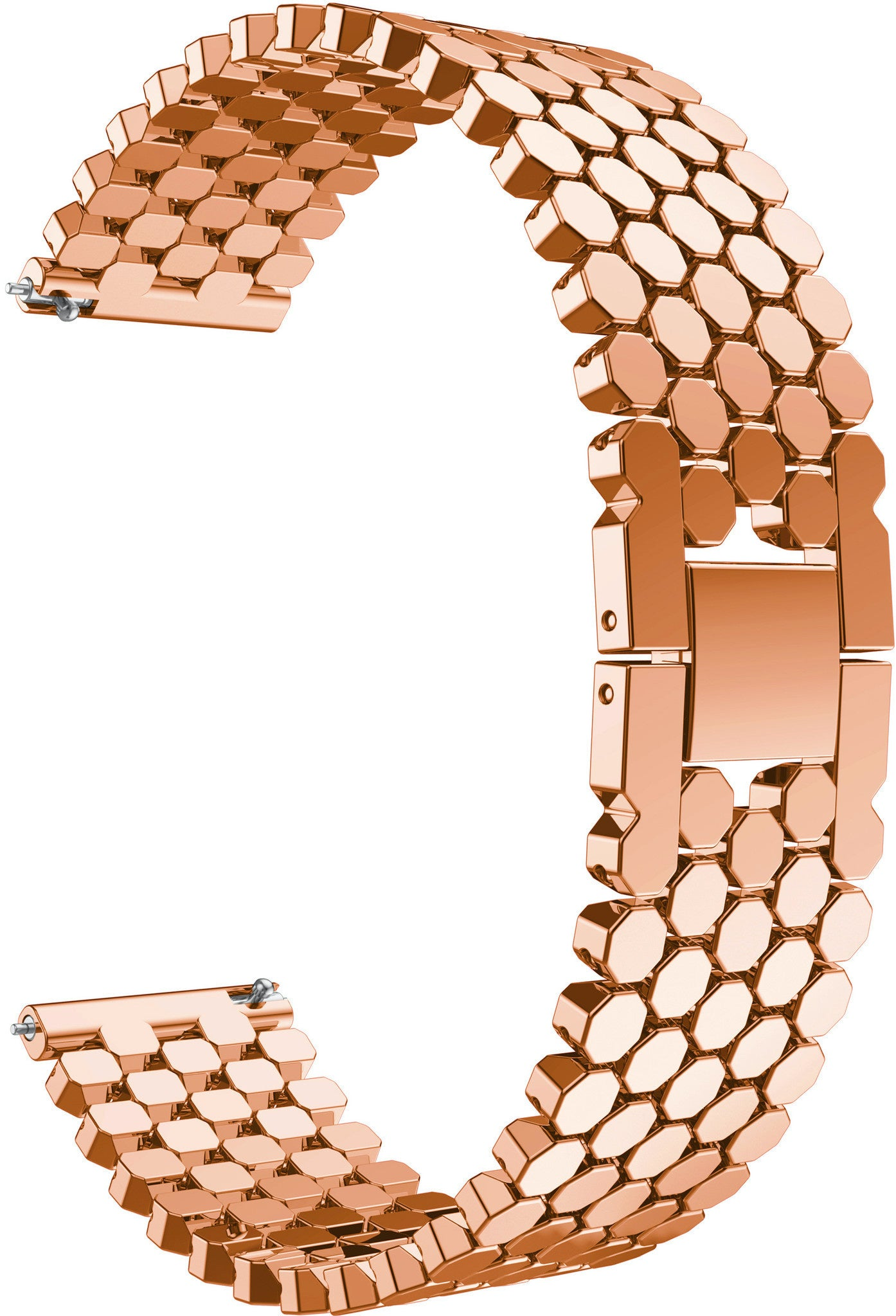 Ein gebogenes, roségoldenes Uhrenarmband mit sechseckigen Gliedern. Das Armband befindet sich auf weißem Hintergrund.