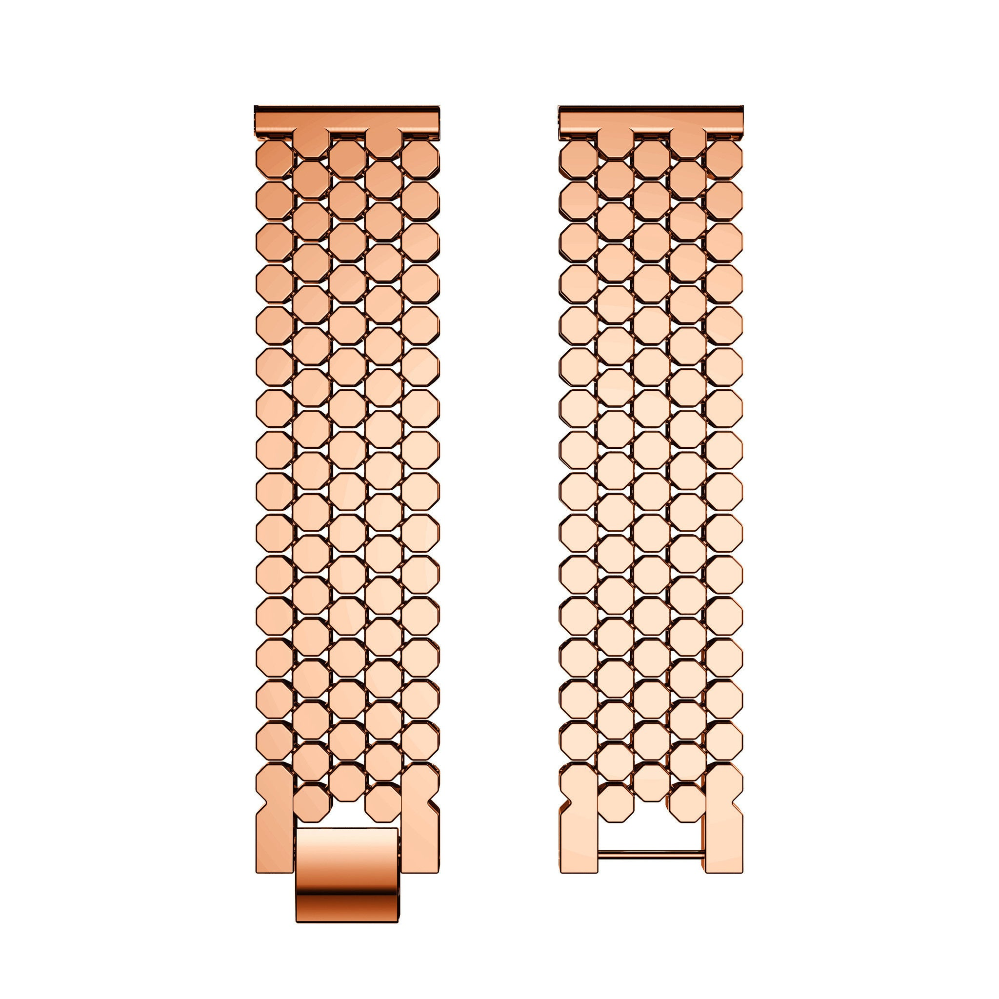 Zwei goldfarbene Uhrenarmbänder, jedes aus verbundenen achteckigen Gliedern, liegen auf weißem Hintergrund. Eines hat einen Verschluss.