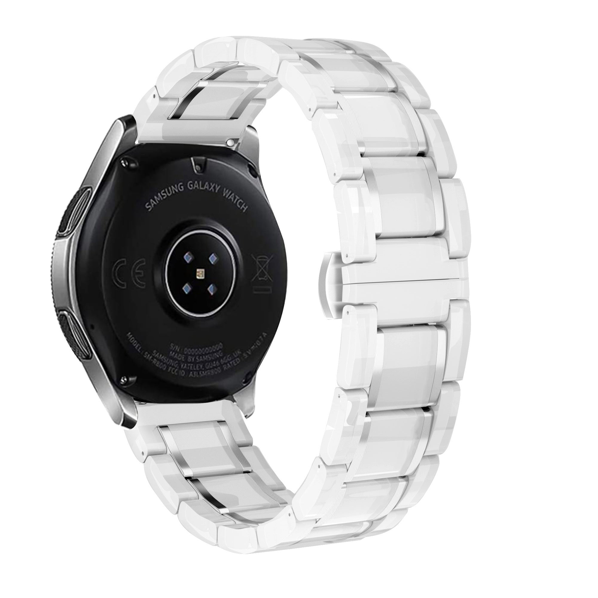 Eine Samsung Galaxy Watch mit weißem Keramikarmband wird angezeigt. Die Uhr ist schwarz mit silbernen Akzenten und weißem Hintergrund.