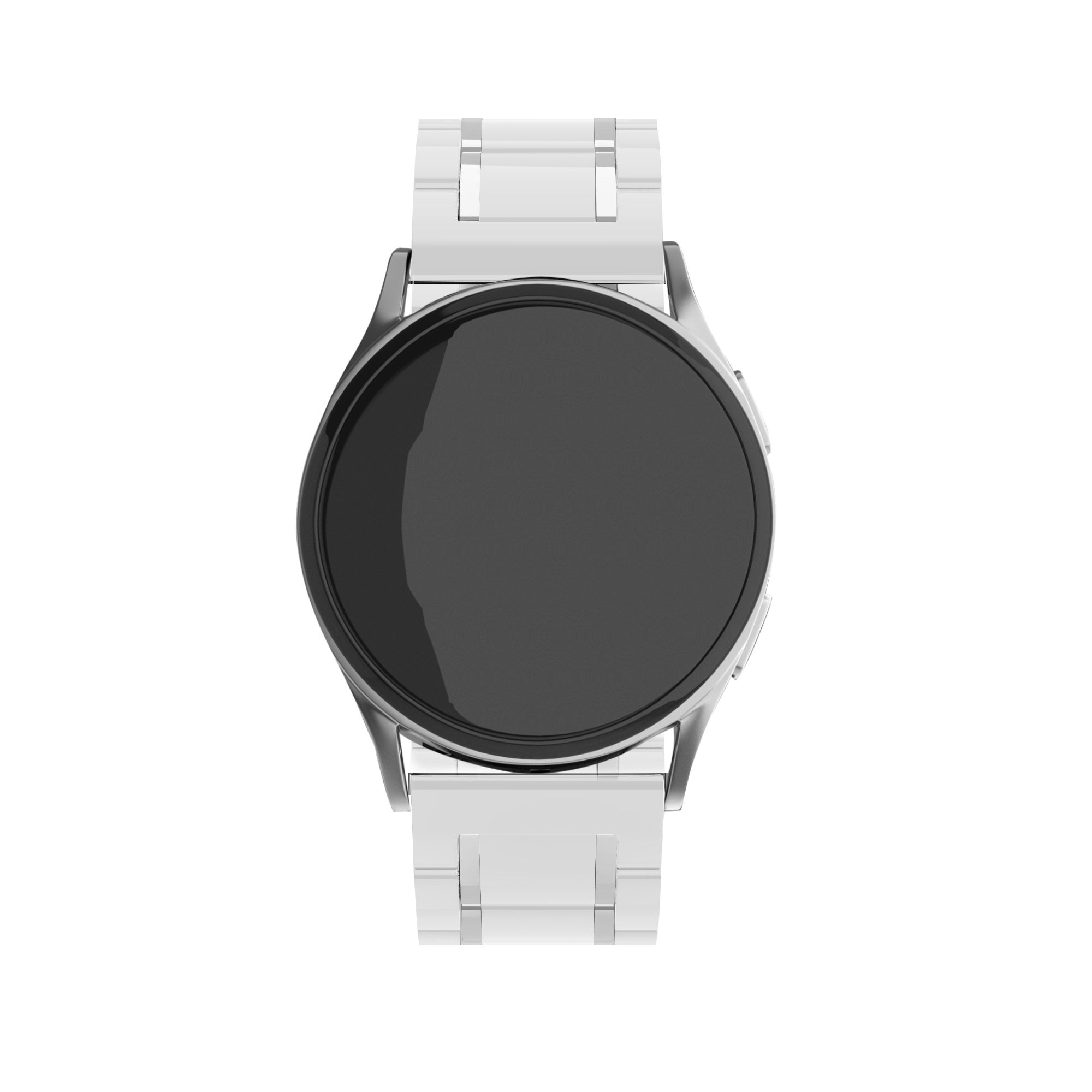 Eine silberne Smartwatch mit schwarzem Bildschirm und weißem Armband ist mittig auf weißem Hintergrund.