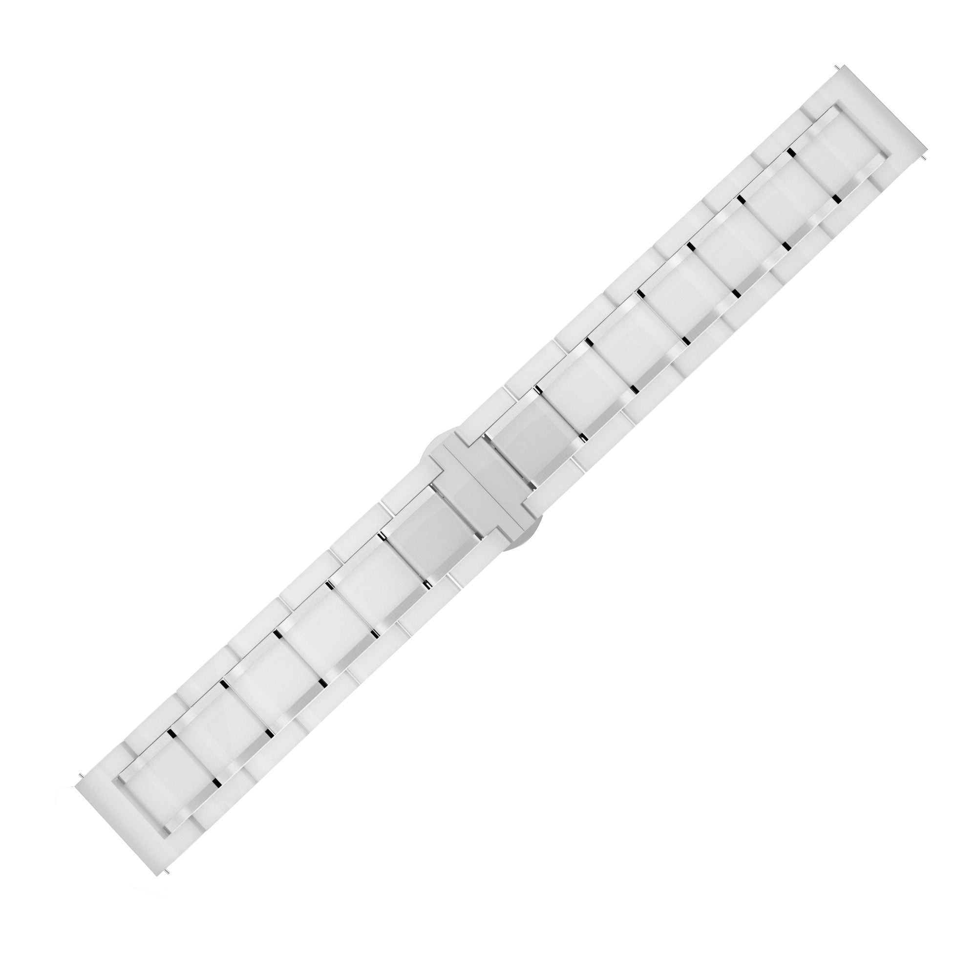 Ein weißes Uhrenarmband liegt diagonal vor einem weißen Hintergrund. Es hat rechteckige Glieder und schwarze Akzente.