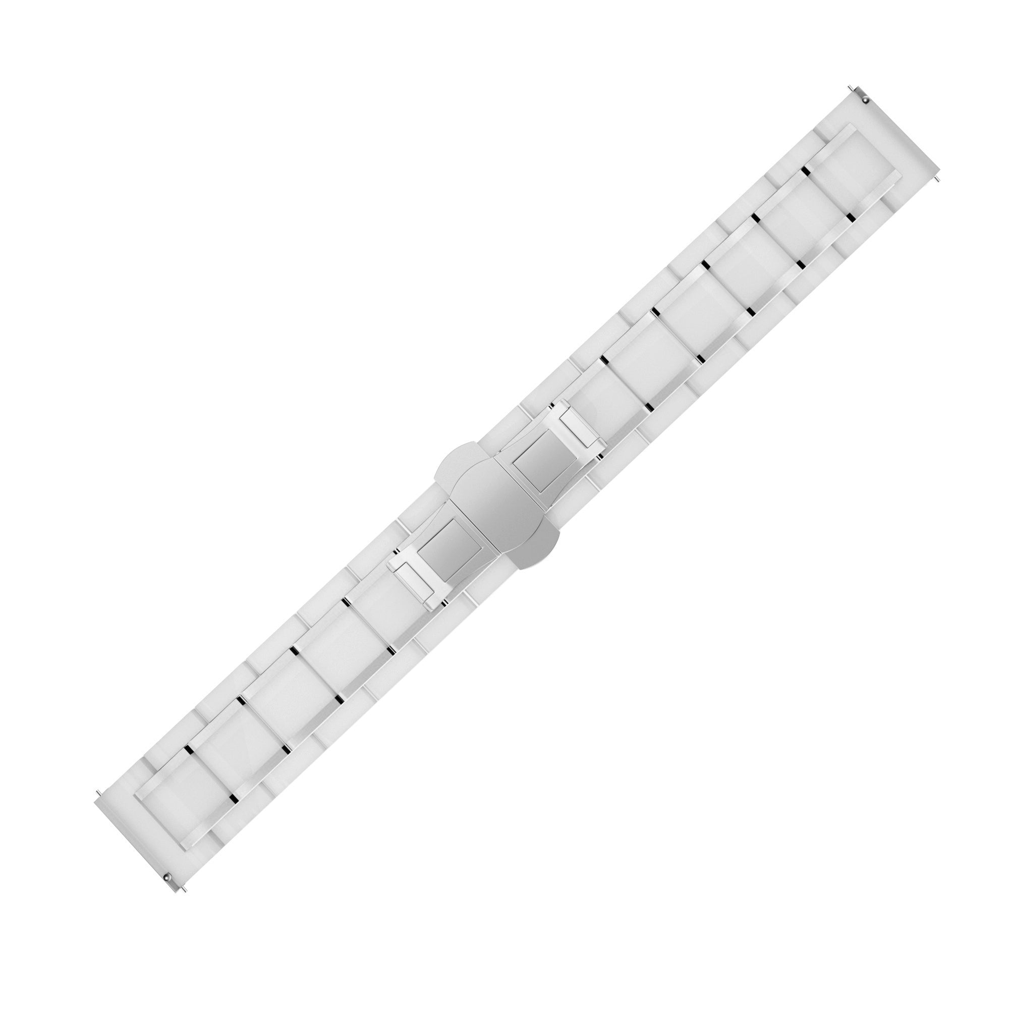 Ein weißes Uhrenarmband liegt diagonal auf weißem Hintergrund. Das Armband ist in rechteckige Segmente unterteilt und hat einen zentralen Verschluss.