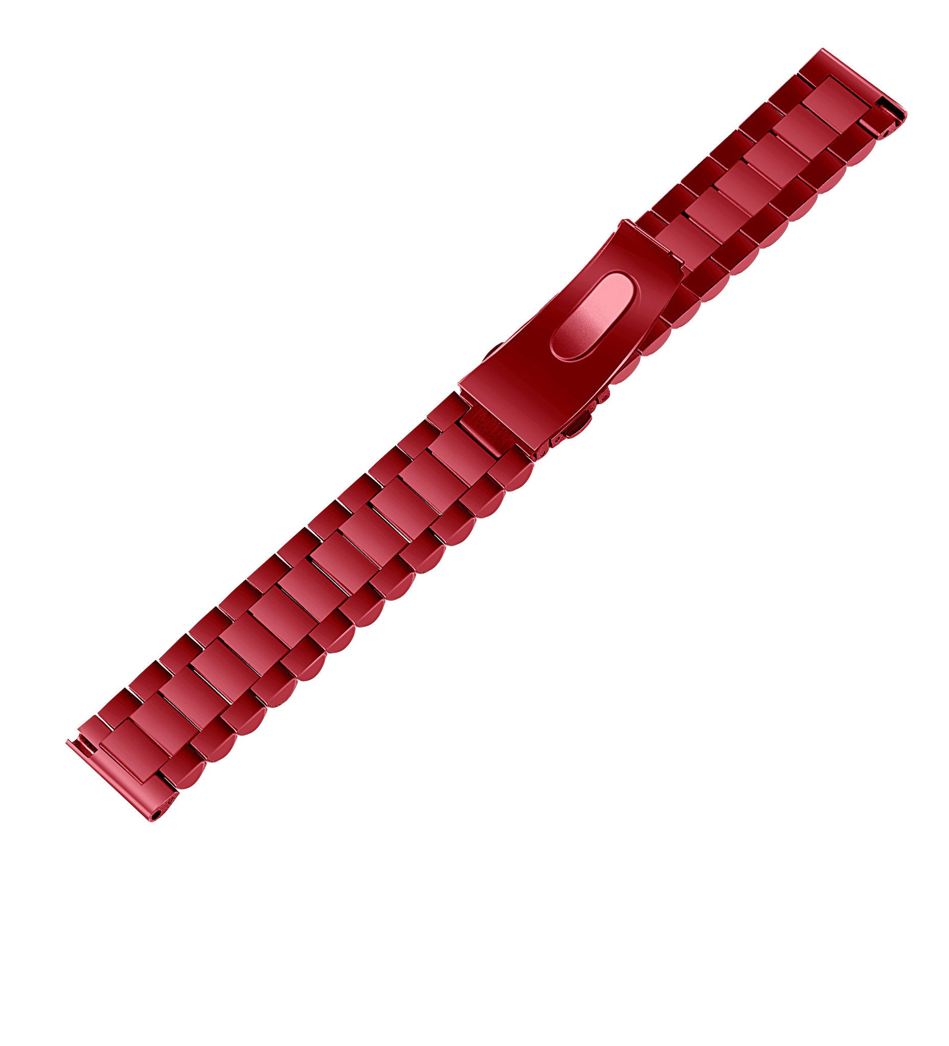Ein rotes Uhrenarmband liegt diagonal auf weißem Hintergrund. Das Band besteht aus rechteckigen Gliedern und einem Verschluss.