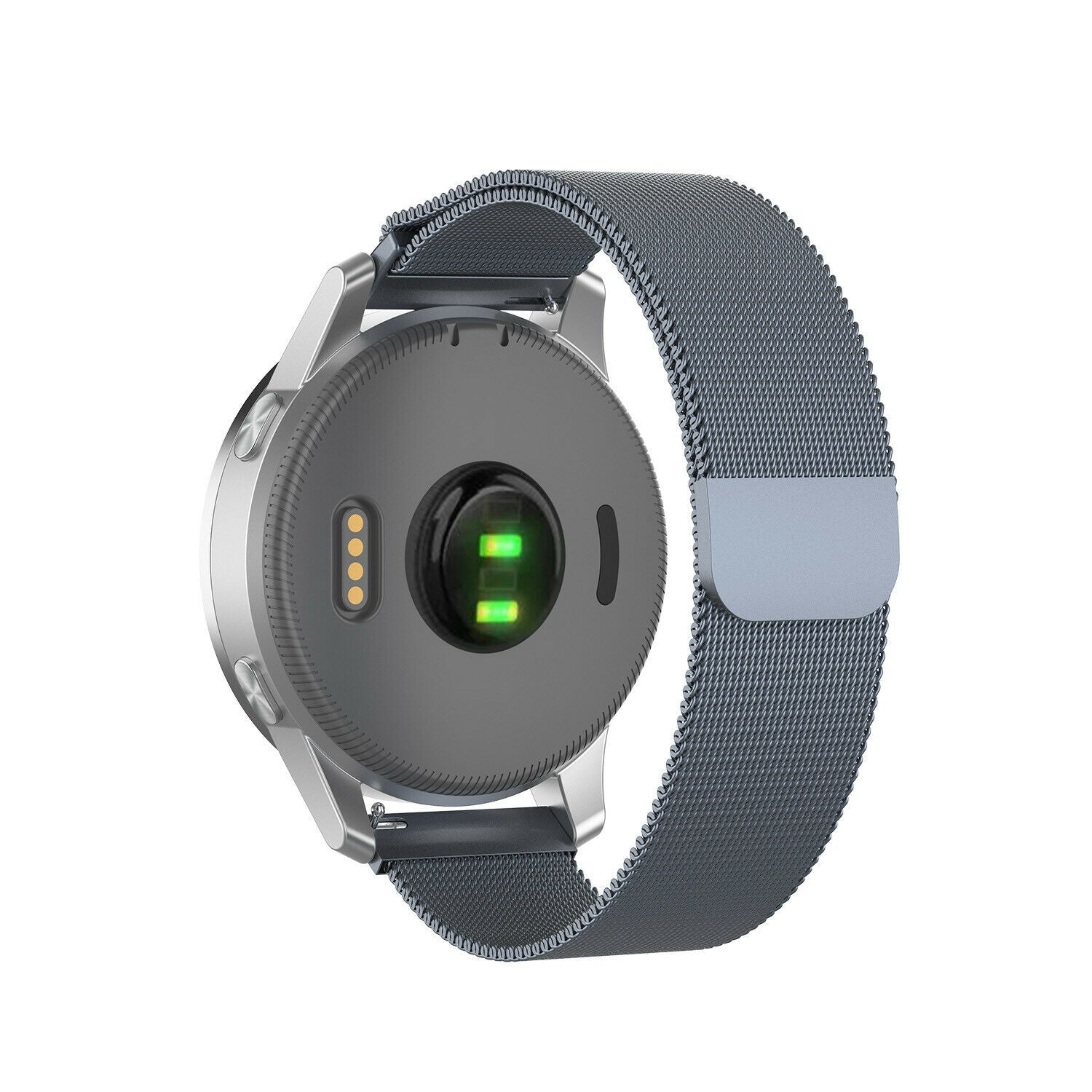 Graue Smartwatch-Rückseite mit Metallarmband. Sie hat einen Herzfrequenzsensor, Ladekontakte und ein grünes Licht. Das Armband ist grau.
