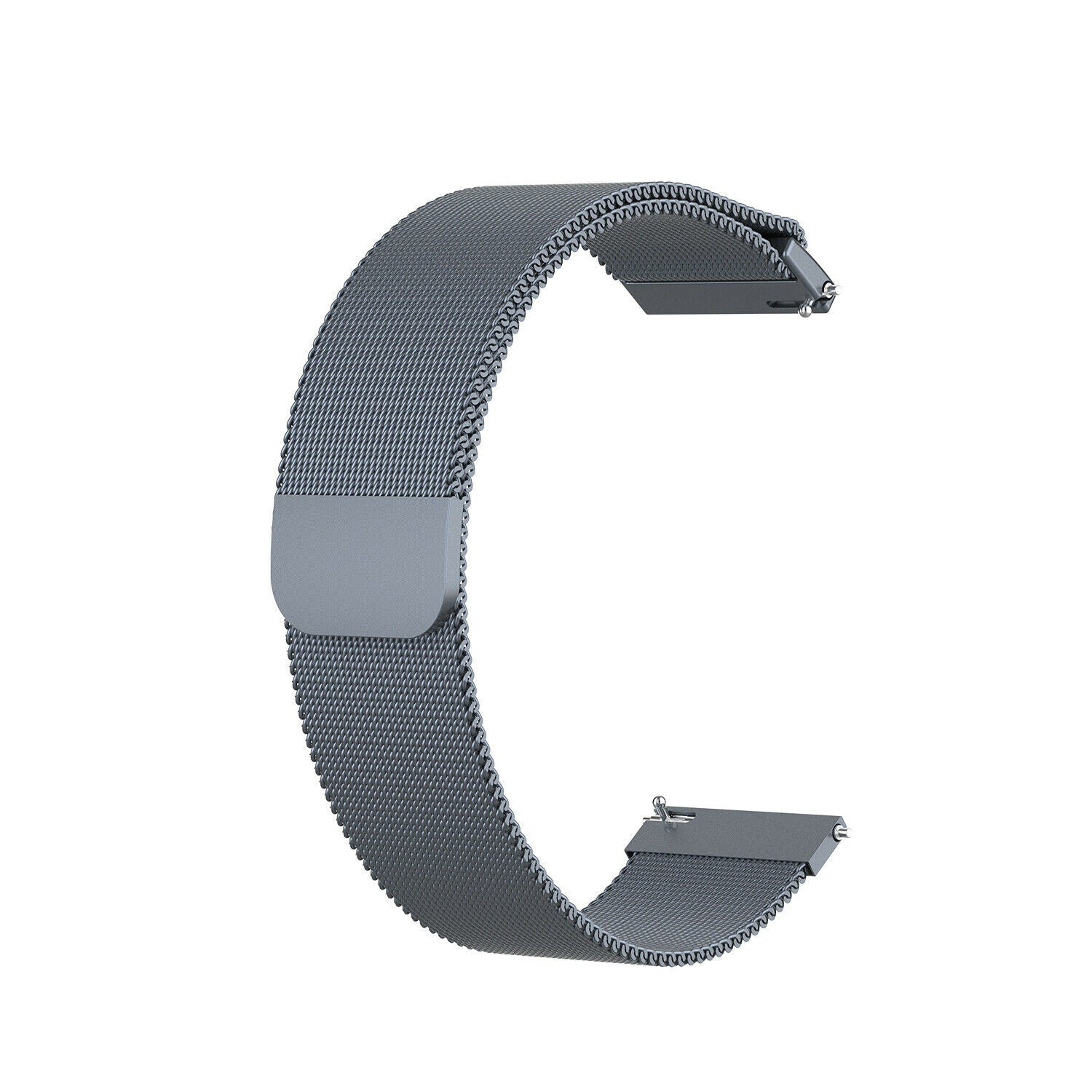 Ein gebogenes, graues Uhrenarmband liegt vor weißem Hintergrund. Es besteht aus einem Netzmaterial und hat zwei Verbindungsverschlüsse.