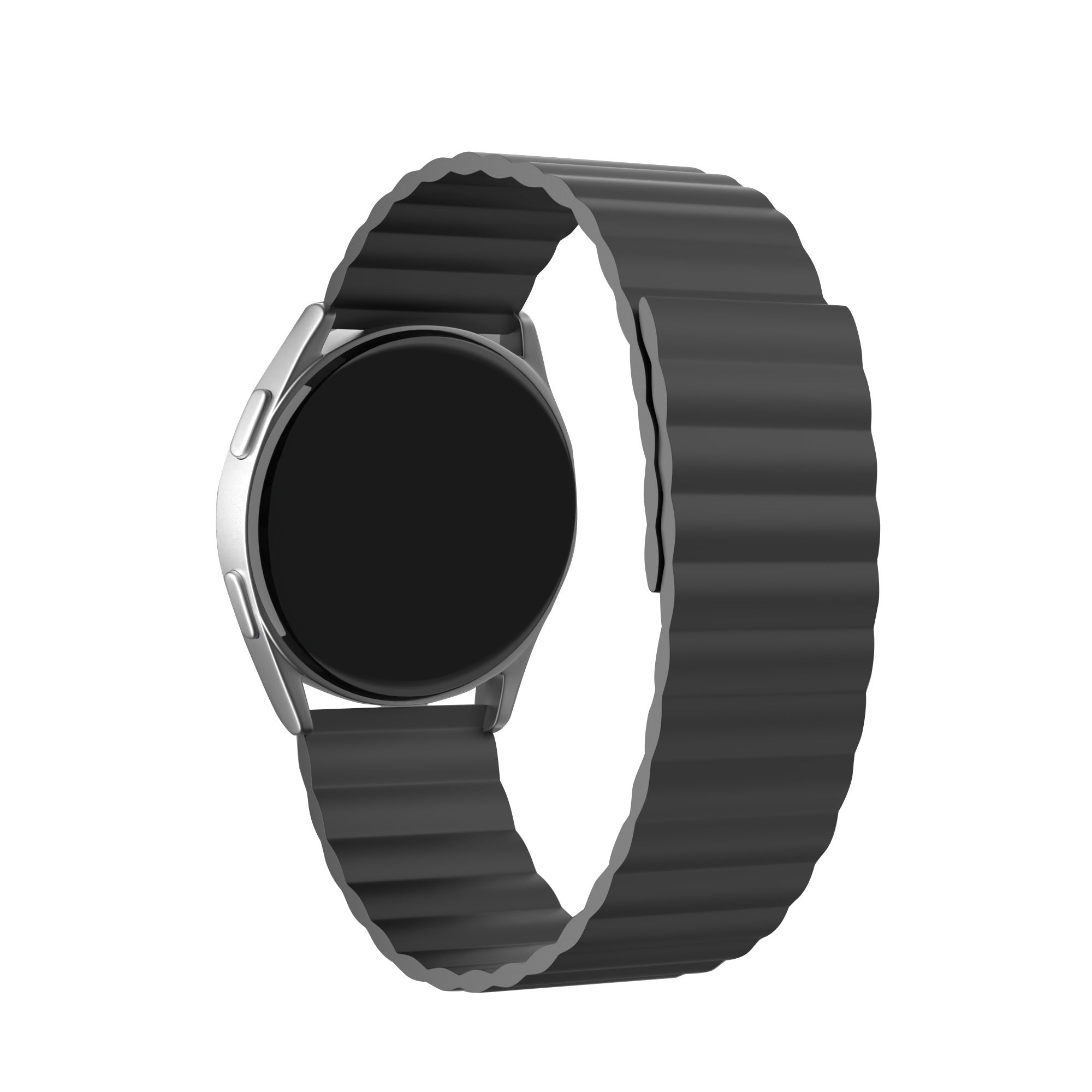 Eine silberne Smartwatch mit schwarzem Bildschirm und einem dunkelgrauen, geriffelten Armband wird vor weißem Hintergrund gezeigt.