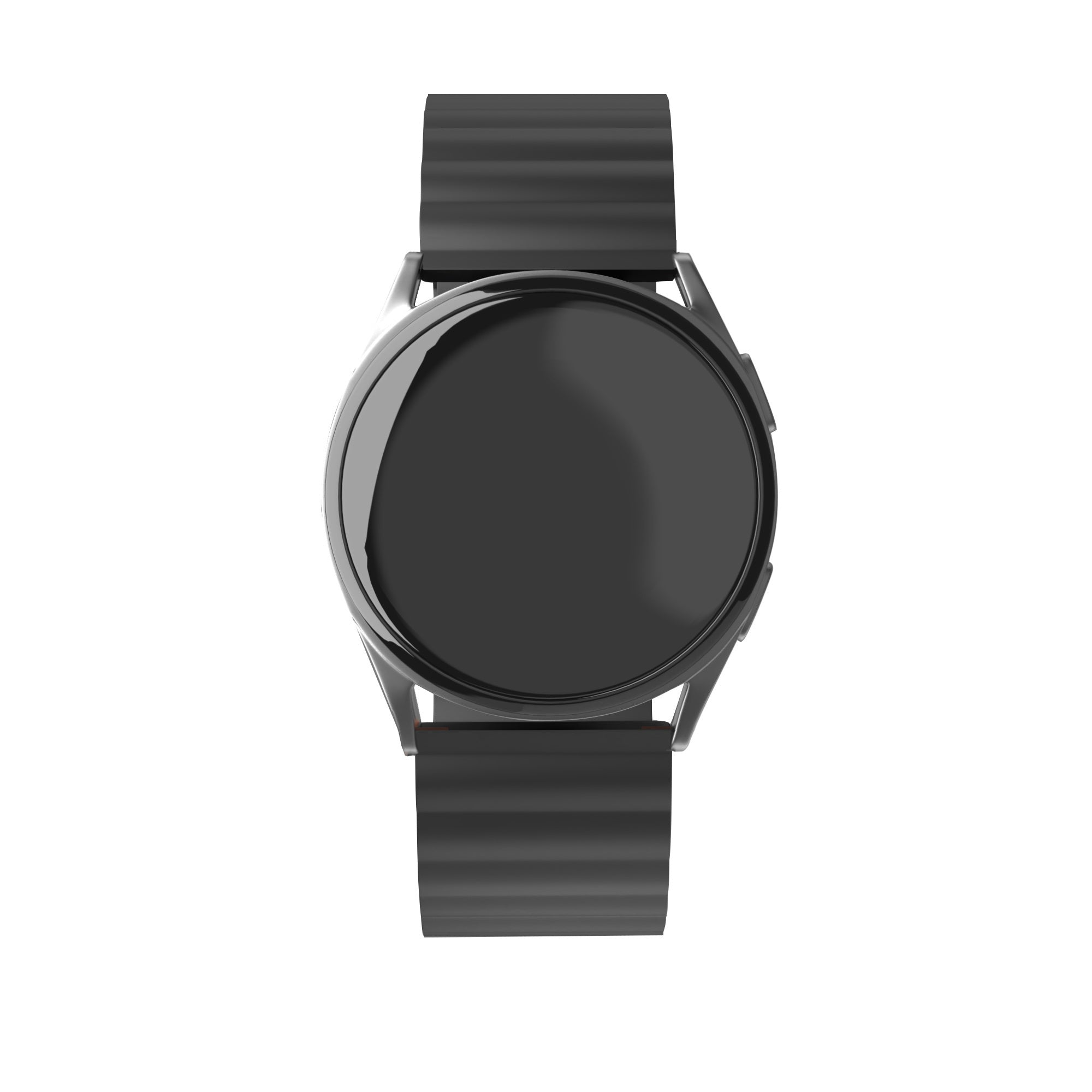 Eine schwarze Smartwatch mit rundem Zifferblatt und schwarzem Armband wird vor weißem Hintergrund von oben gezeigt.
