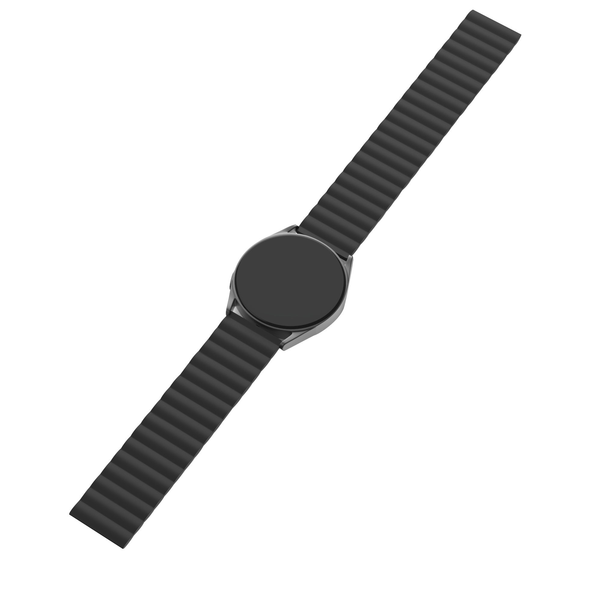 Eine schwarze Smartwatch mit schwarzem Armband ist auf weißem Hintergrund abgewinkelt. Das Zifferblatt ist schwarz und kreisförmig.