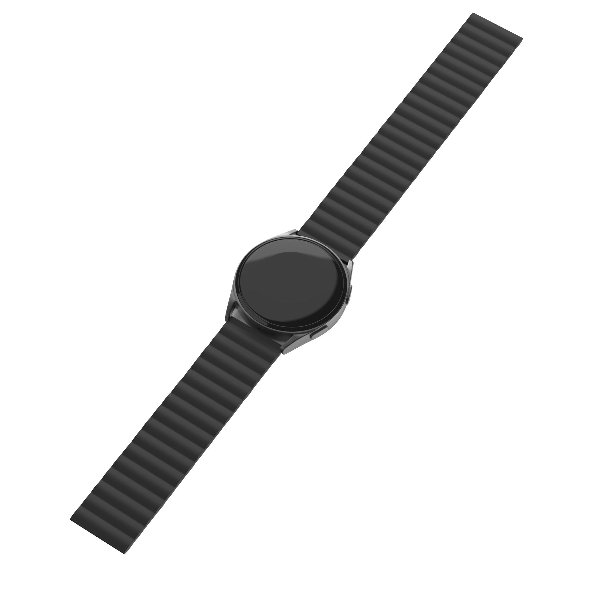 Eine schwarze Smartwatch mit schwarzem Armband vor weißem Hintergrund. Das Armband hat eine gerippte Textur.