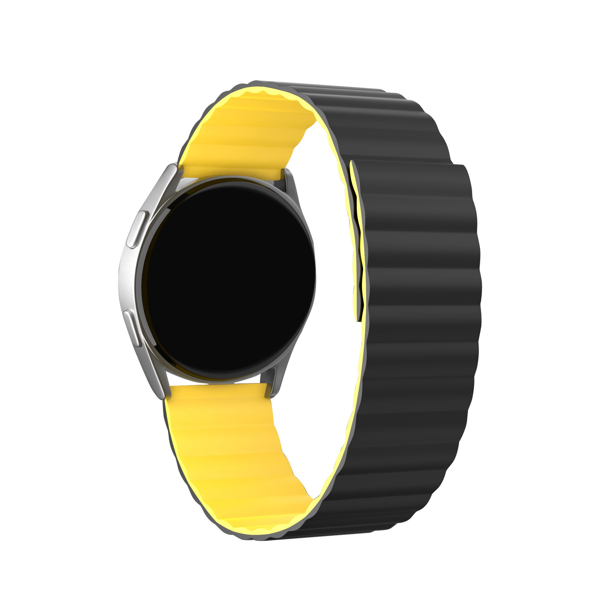 Eine Smartwatch mit schwarzem Bildschirm und silbernem Rahmen. Sie hat ein schwarz-gelbes Band. Das Band besteht aus geripptem schwarzem Material.