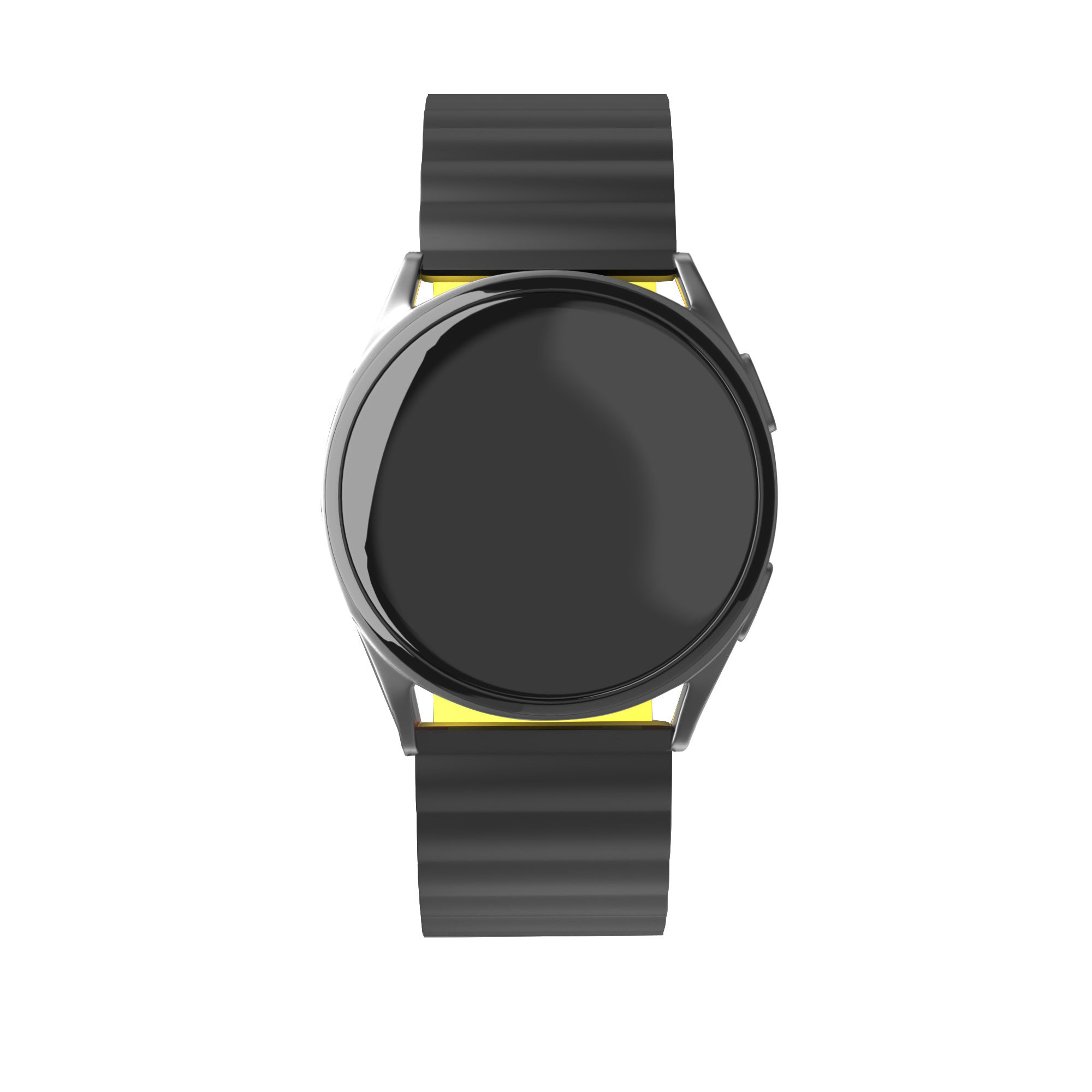 Eine schwarze Smartwatch mit rundem Zifferblatt und schwarzen Armbändern, zentriert vor weißem Hintergrund.