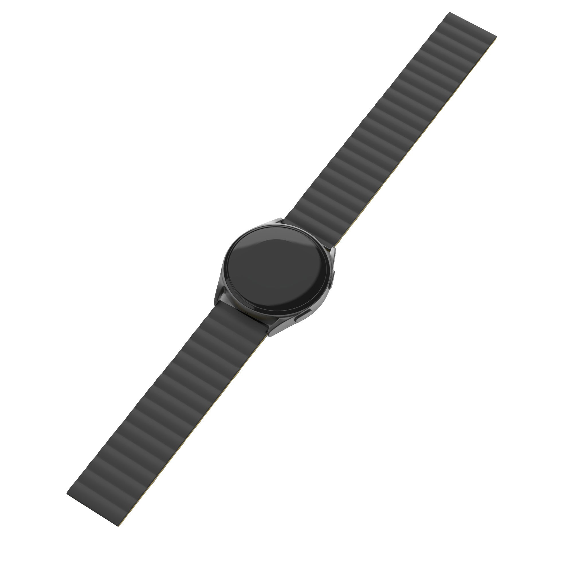 Eine schwarze Smartwatch mit dunklem Armband liegt diagonal vor weißem Hintergrund.
